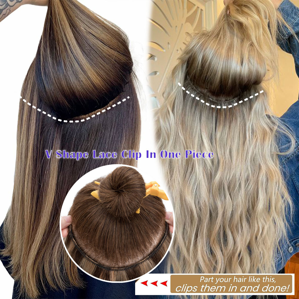 One Piece U-Shape 100% Remy Human Hair Extensions Clip In 3/4 Full Head Weft Icy