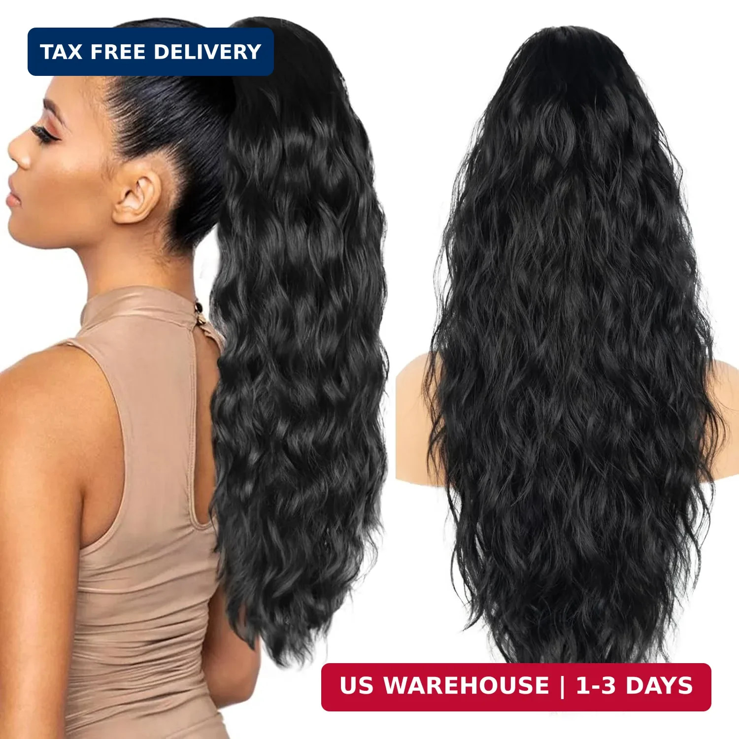 26 inch Black Ponytail Extension, Drawstring Ponytail for Women, Long Wavy Pony