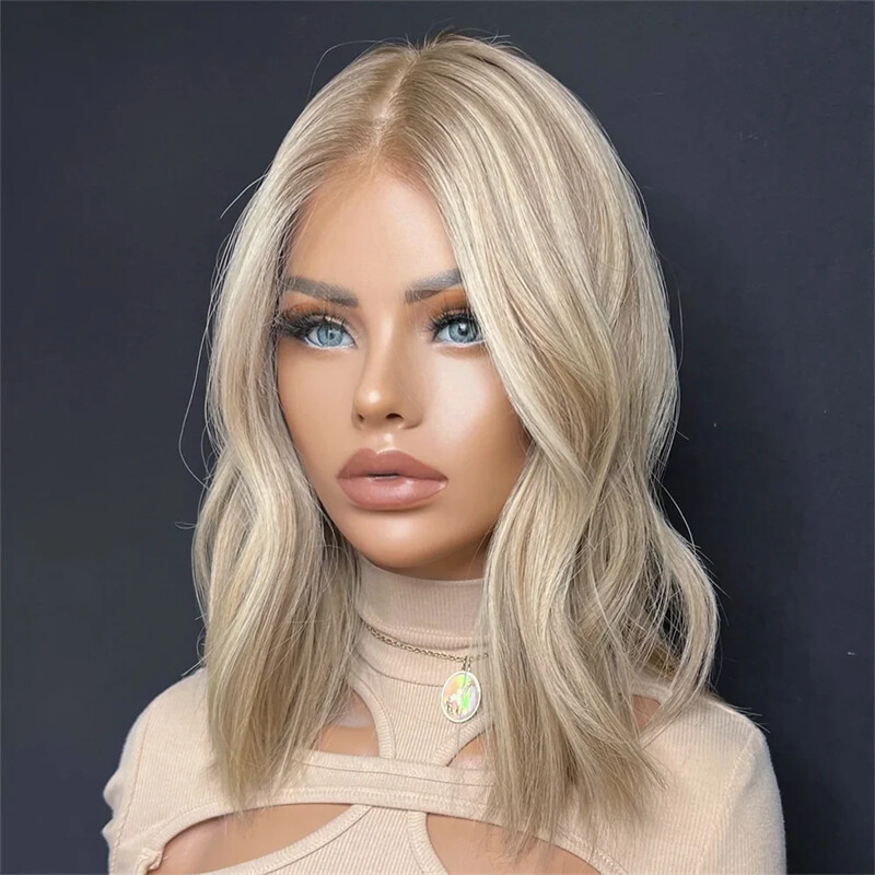 Ash Brown with White Blonde Highlight Human Hair Lace Front Wigs 21inch cap size