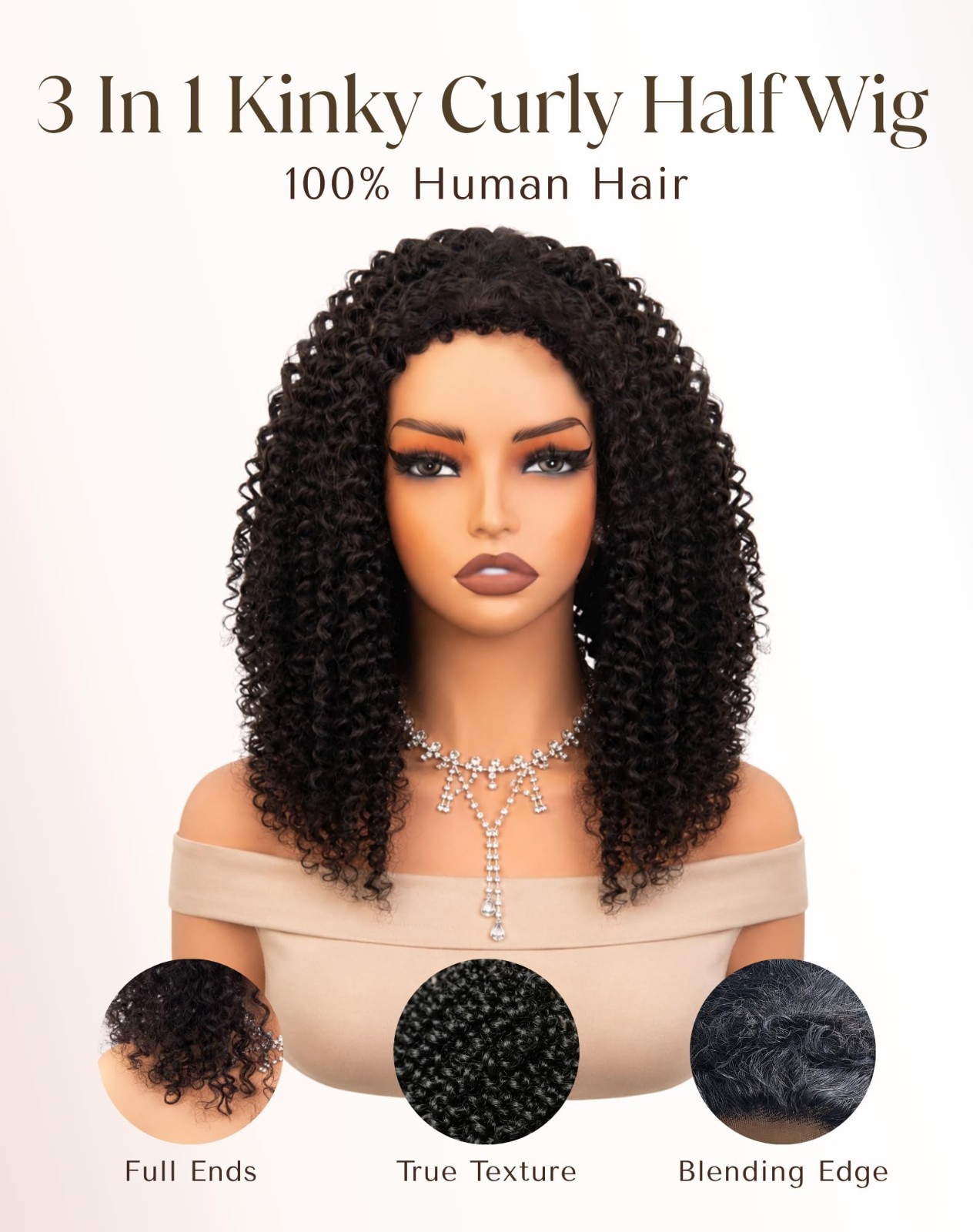 Kinky Curly Half Wig 100% Remy Human Hair | Glueless Flip Over Drawstring 3-in-1