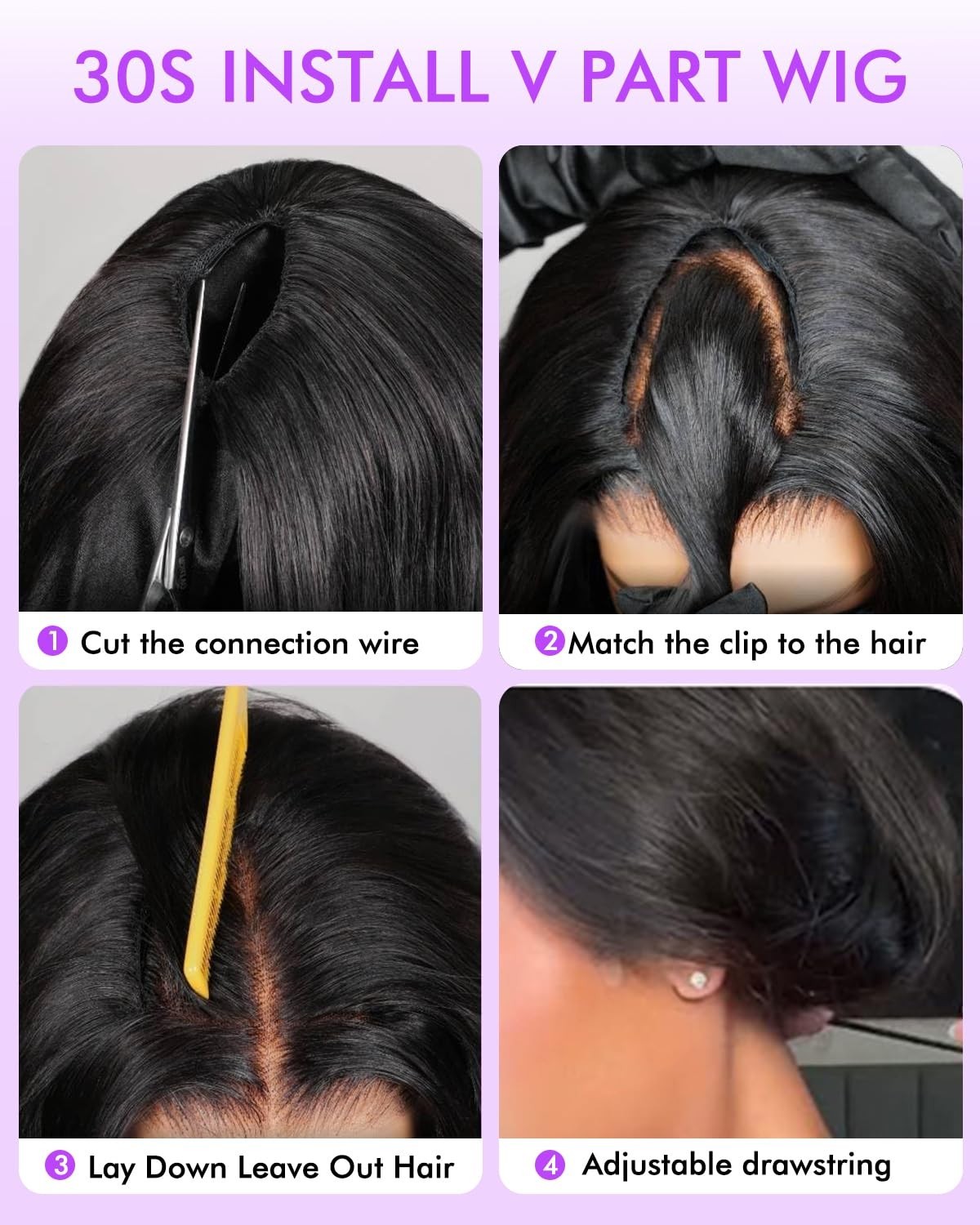 200% Density V Part Human Hair Wig – Straight, No Leave Out, Glueless Clip-In, 1