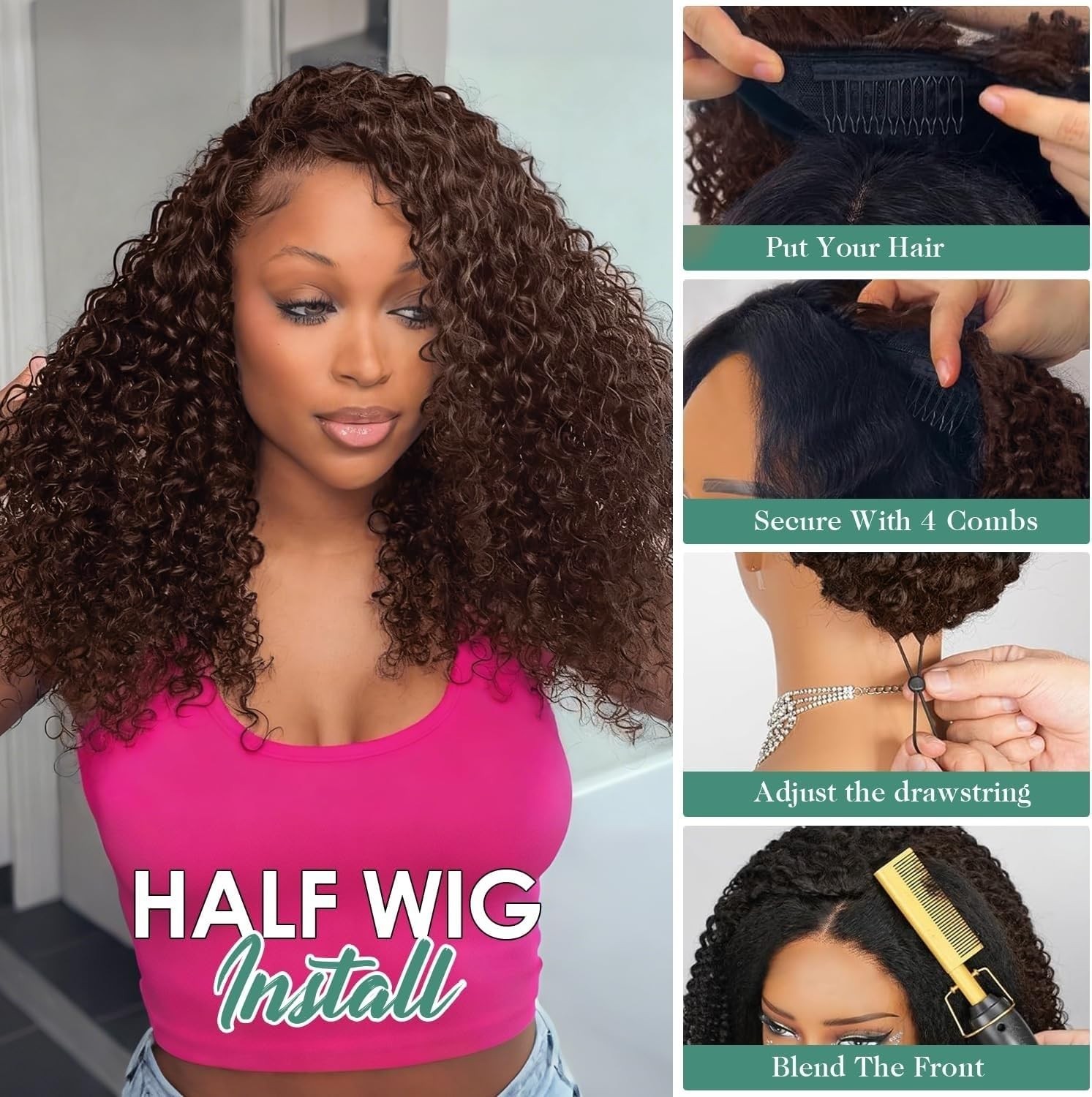 180% Density 22 Inch Deep Wave Half Wig for Black Women – Chocolate Brown Curly
