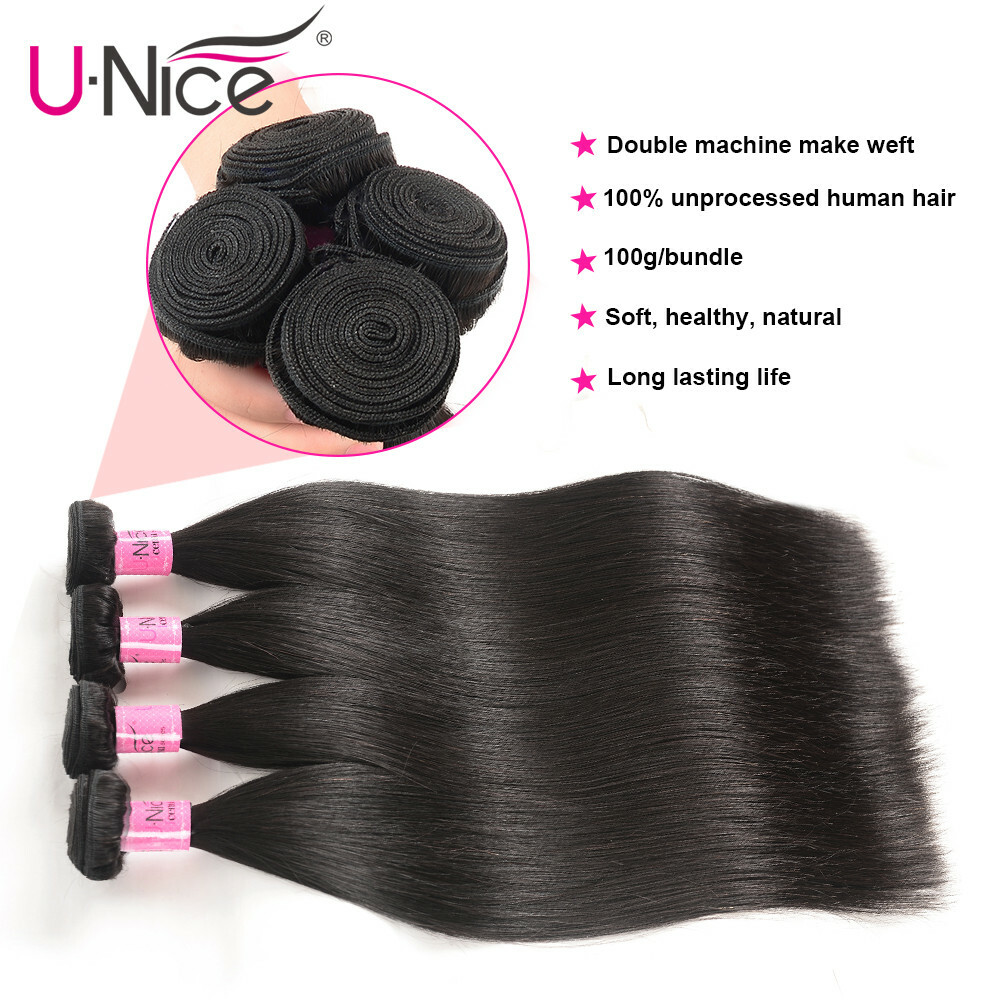 UNice Brazilian Straight Human Hair Extensions 4 Bundles Weave With Lace Closure