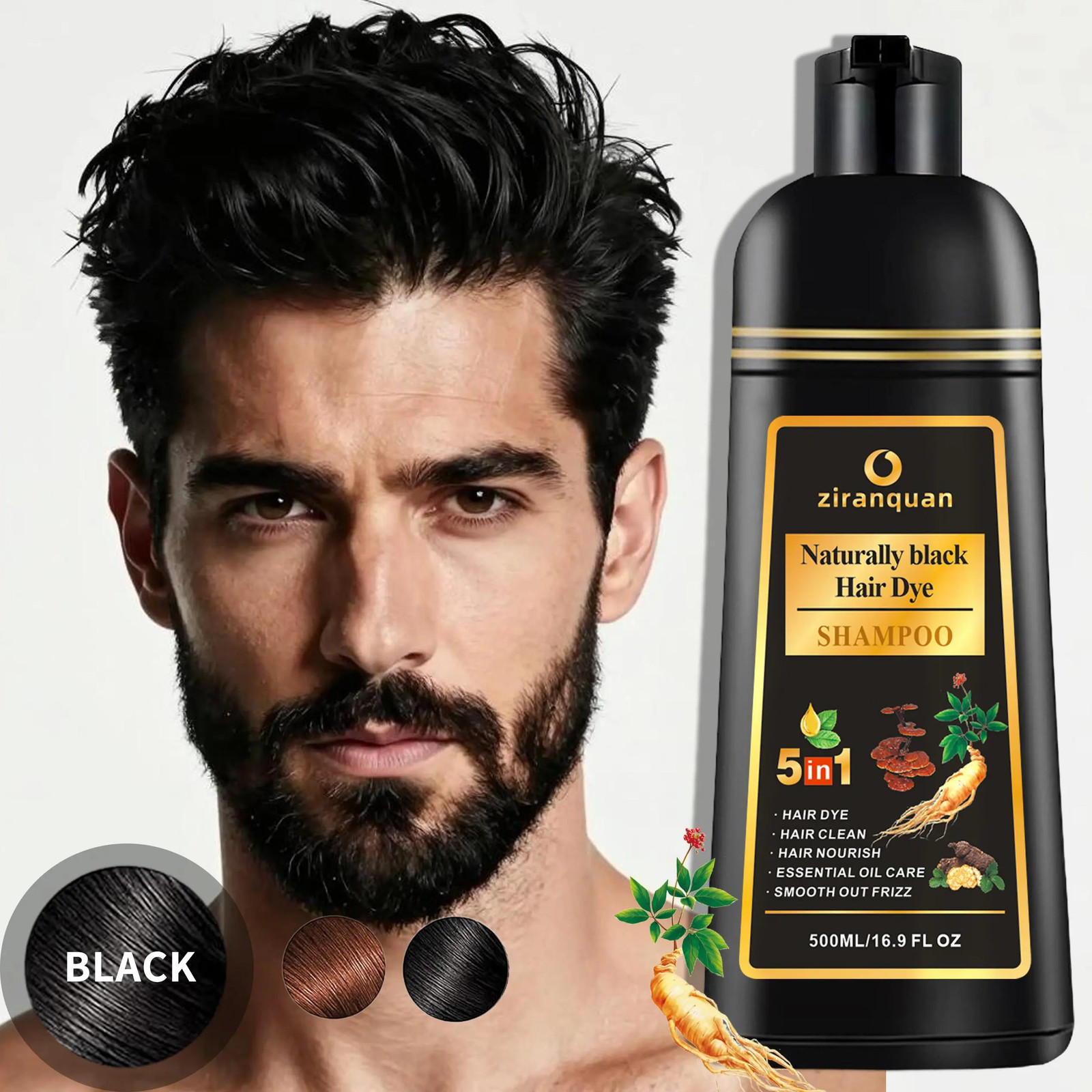 Natural Black Hair & Beard Color Shampoo with Organic Ginseng & Ginger Root Extr