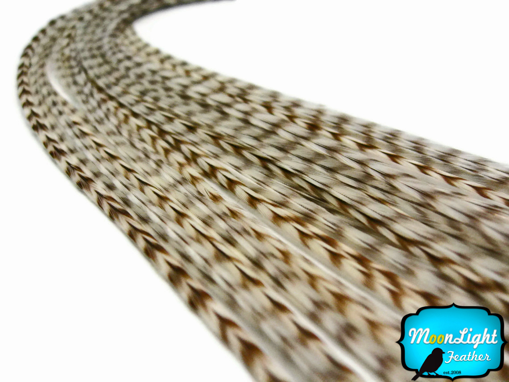 MOCHA Thin Long Grizzly Rooster Feather & Silicon Bead