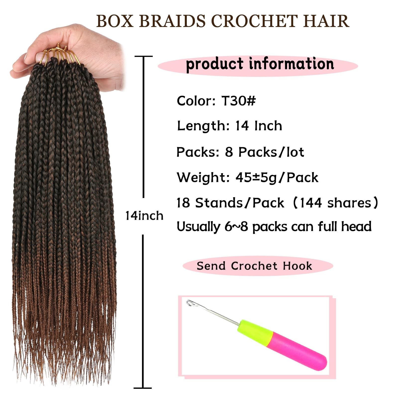 Xtrend 14 Inch Braids Crochet Hair 144 Strands Pre-Looped Knotless Medium
