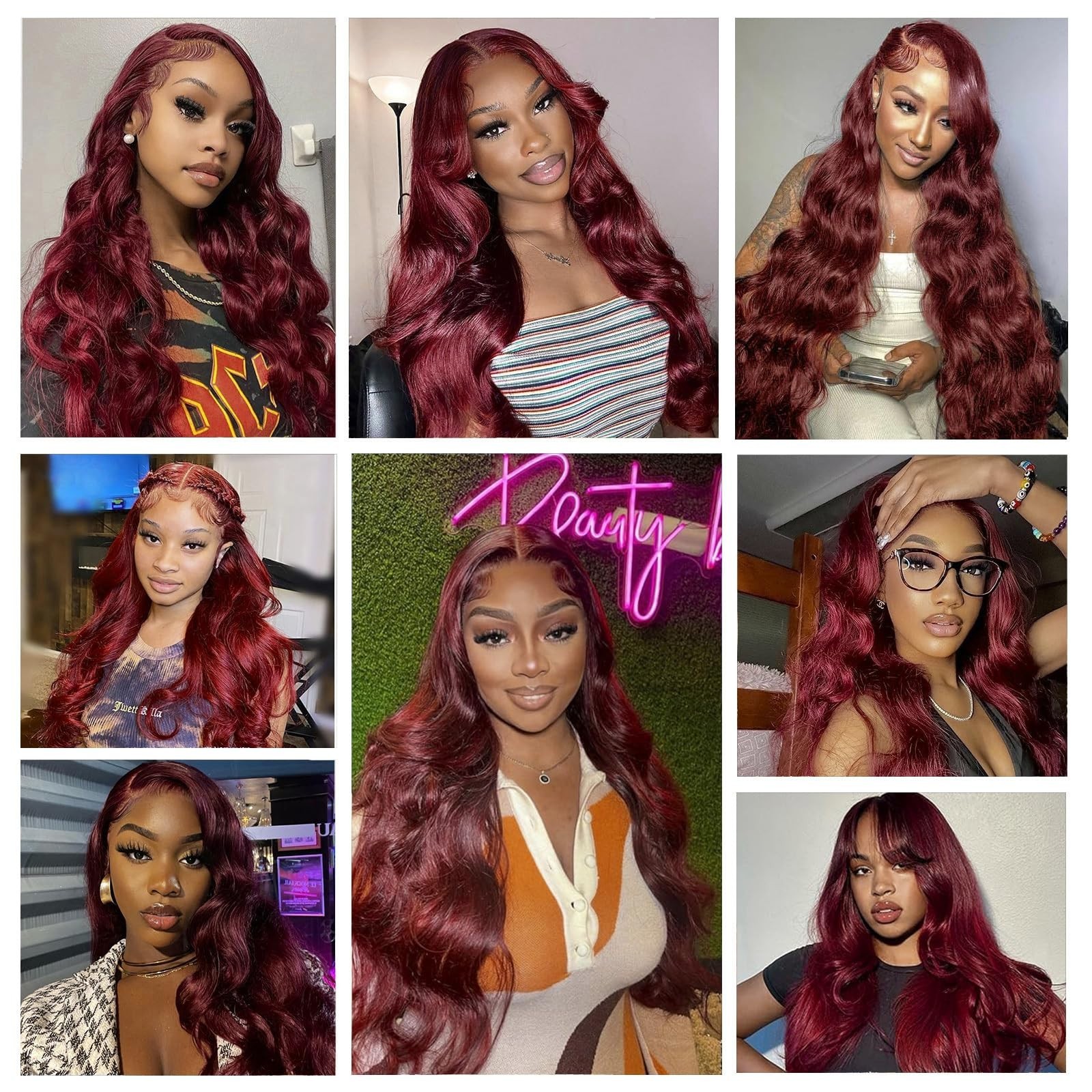 30″ 99J Burgundy Body Wave Lace Front Wig, 200 Density, Pre-Plucked Human Hair