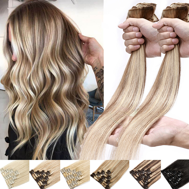 8PCS 18Clips Natural Clip In Real Remy Human Hair Extensions Mix Color Full Head