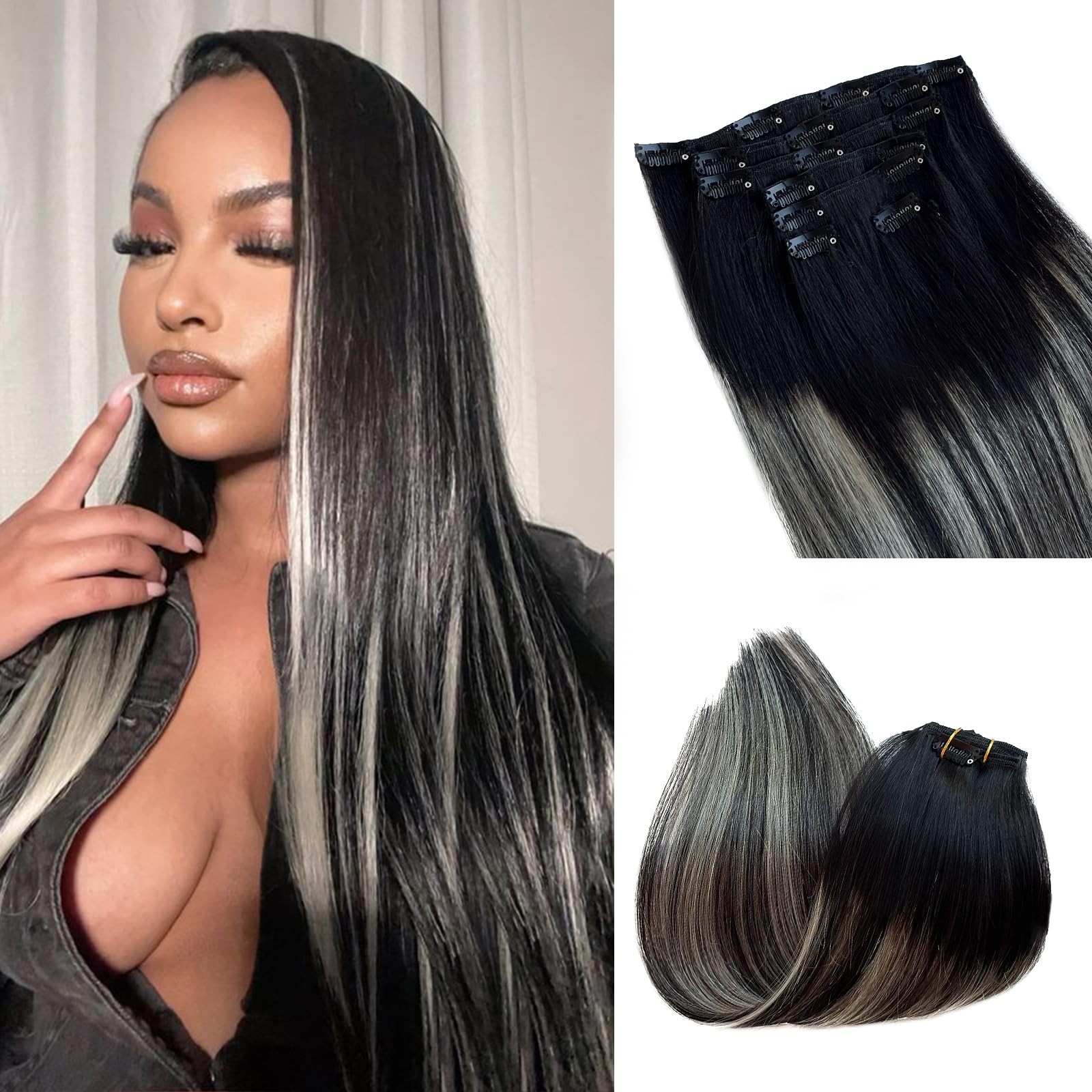 Licoville Ombre Highlight Clip In Hair Extensions Real Human Hair Grey Balayage