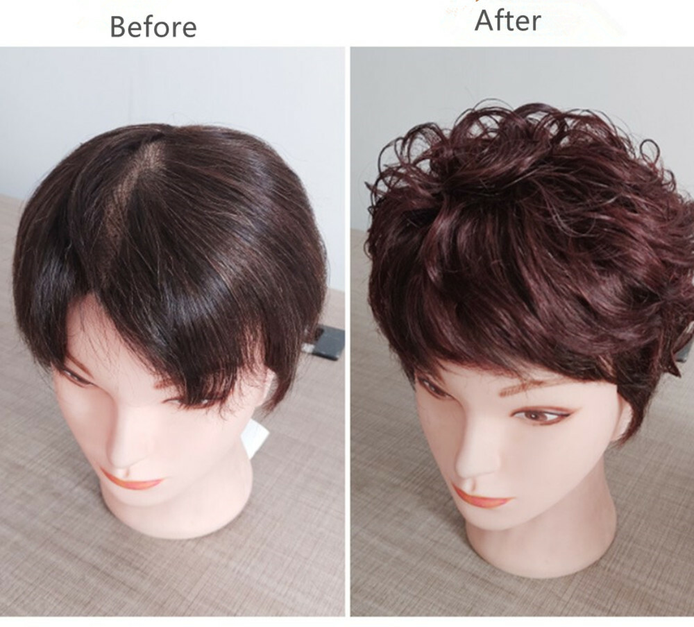 100% Human Hair Wig Natural Curly Hairpiece Topper Top Clip Short Wigs for Women