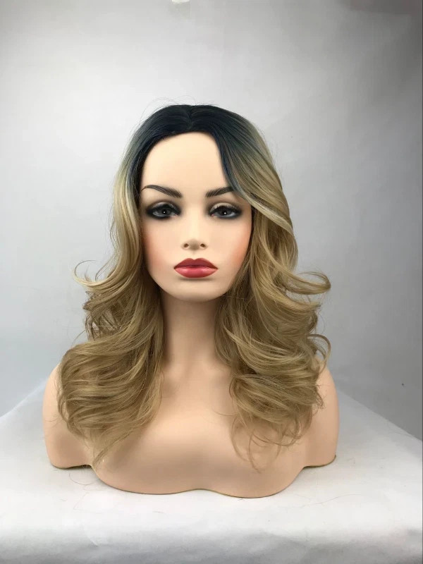 Women’s Wig Long Wavy Wig Black Brown Golden Synthetic Hair Wig+Wig Cap