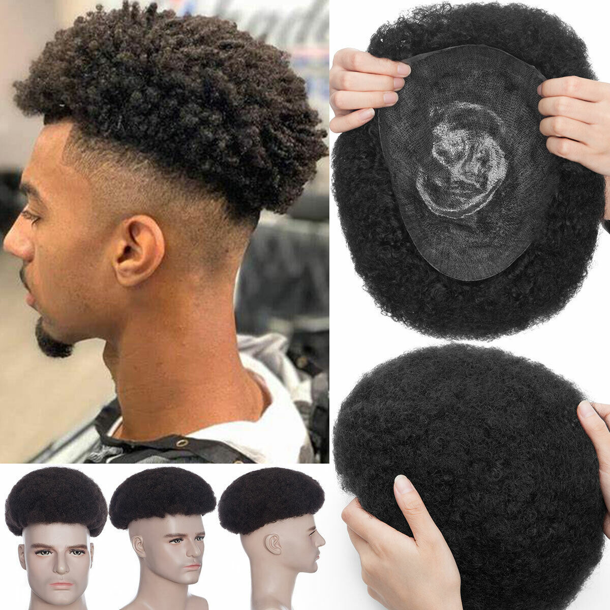 Mens Human Hair Replacement Ultra Thin Skin Toupee Afro Hairpieces PU System Wig