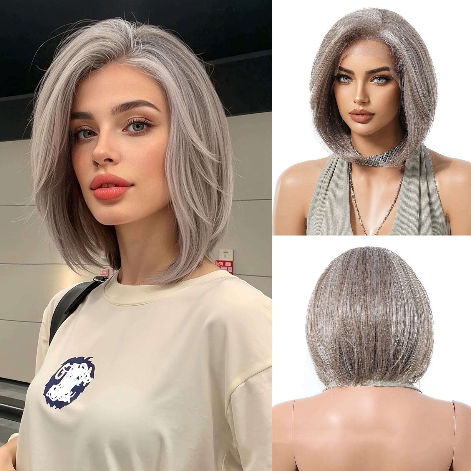 Gray Blonde Bob Wig 13X6 Lace Front Wigs 10 Inch Premium Japanese Synthetic Hair
