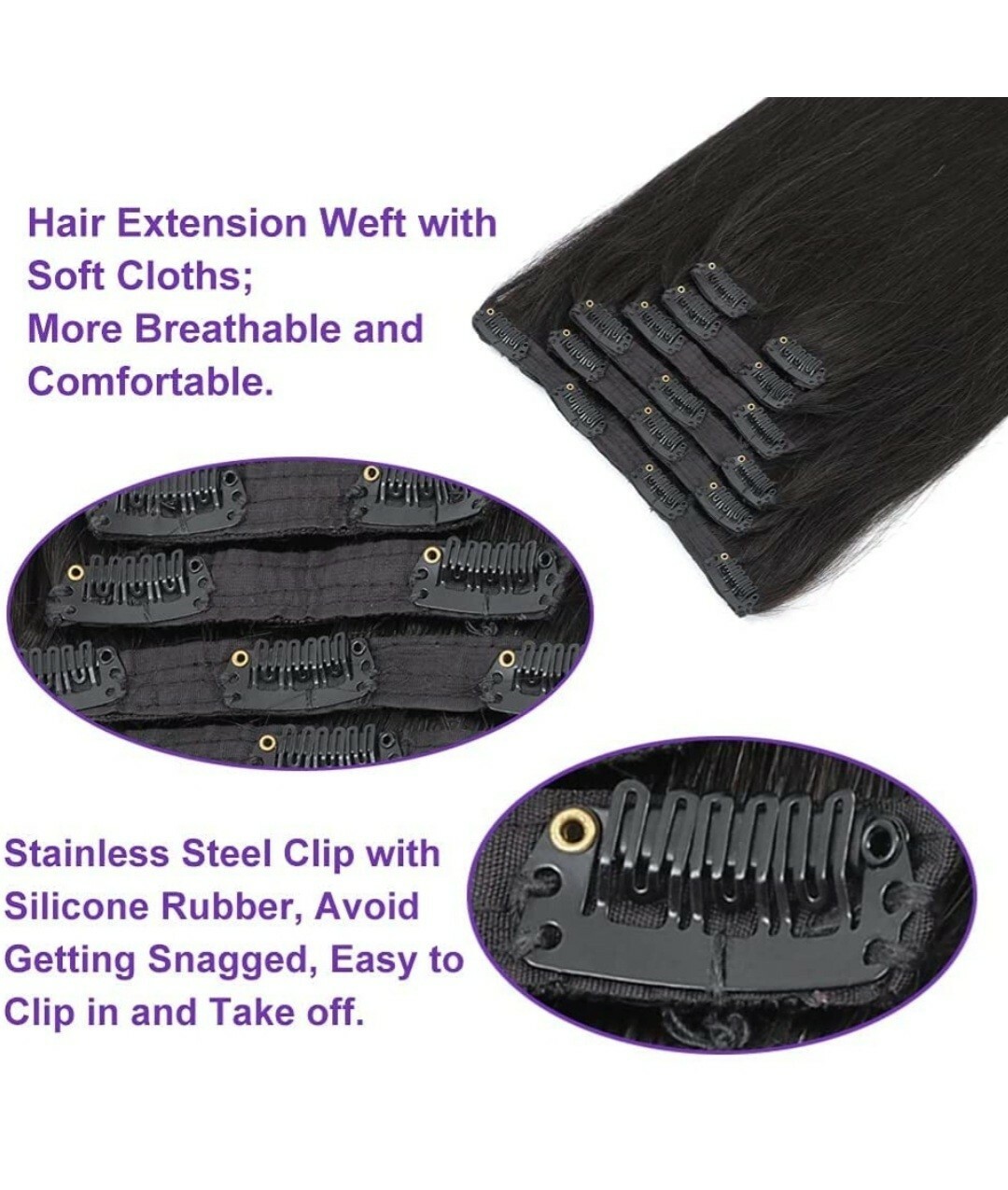 #1B Natural Black Clip in Hair Extensions Real Human Hair, 16 Inch 120g