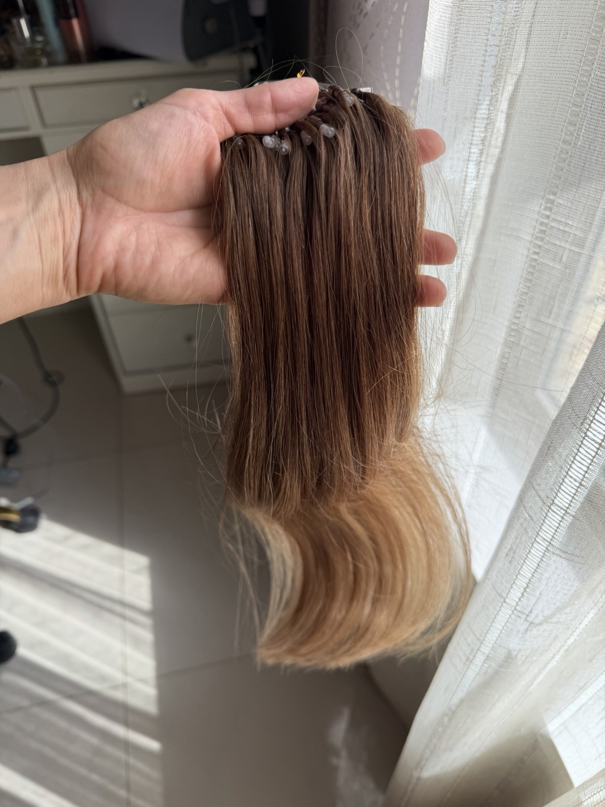 2 Doores micro link hair extensions Medium Brown Highlighted Dirty Blonde.