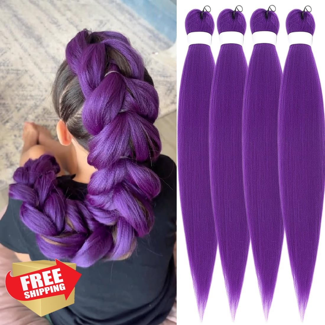 SAISIFEN Dark Purple Braiding Hair Pre-stretched Yaki 4 Packs 26 Inch