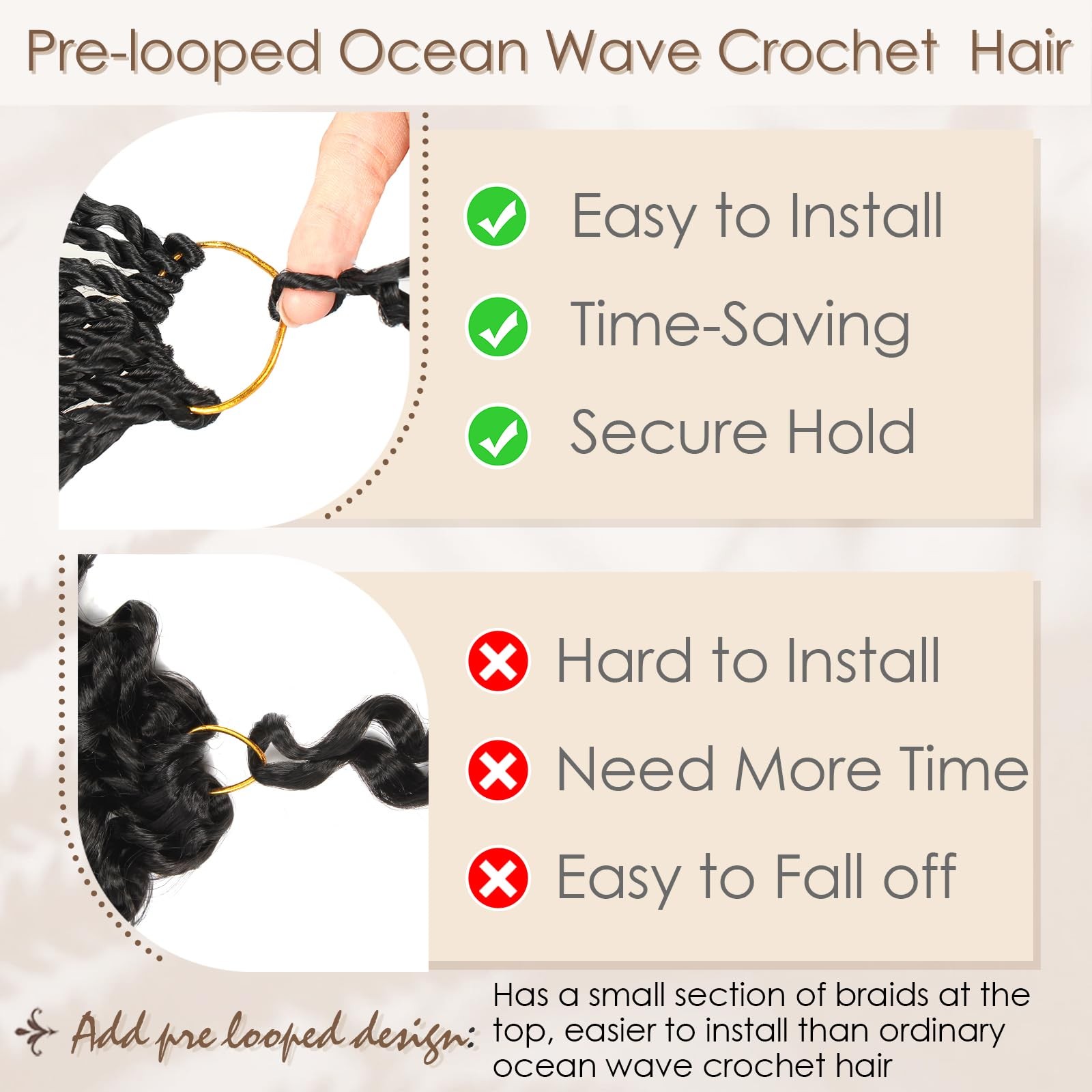 Pre Looped Ocean Wave Crochet Hair 14 Inch 8 Packs Boho Ocean Deep Water Wave…
