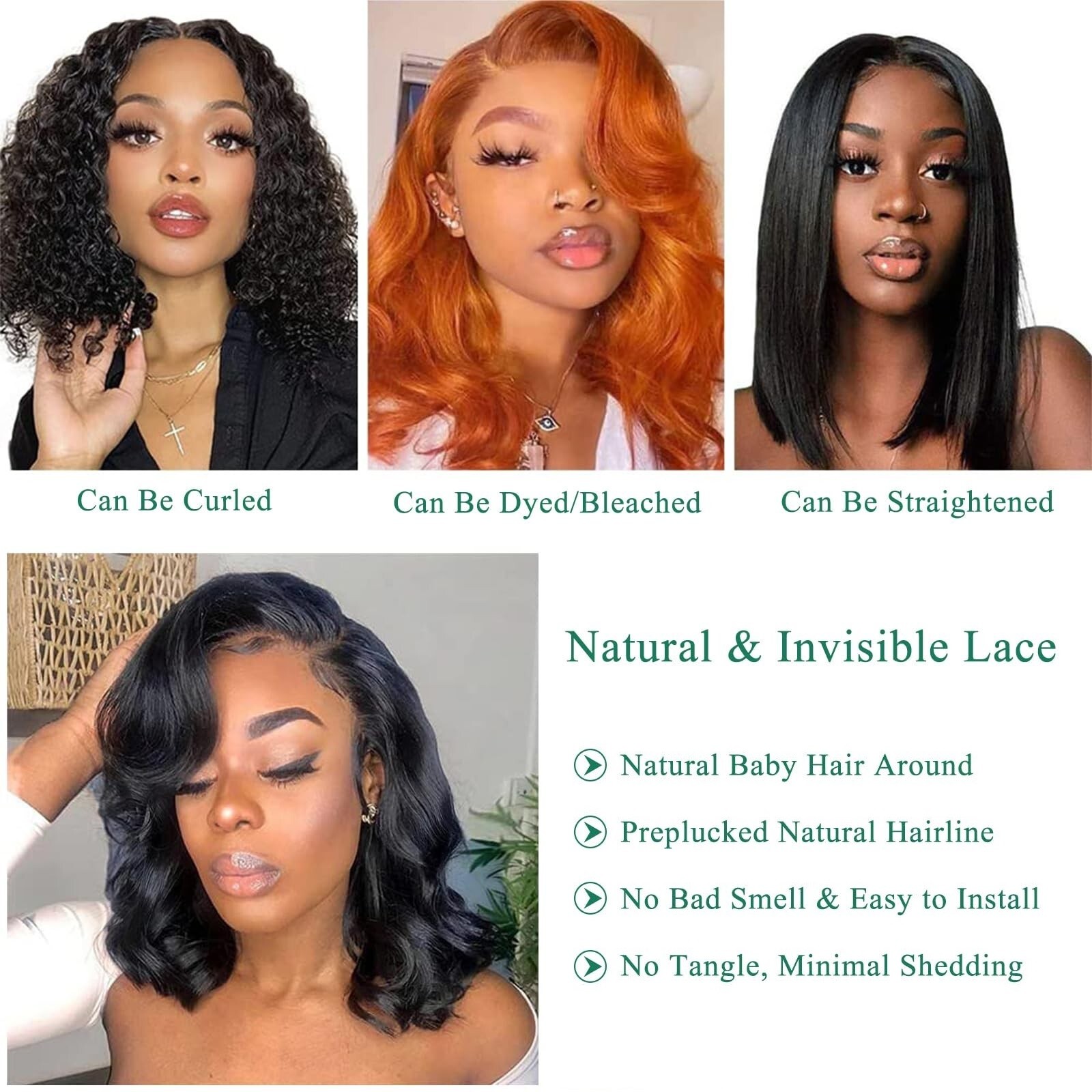 14″ Brazilian Bob Wigs Human Hair Natural Black Wave Lace Front Glueless Wigs