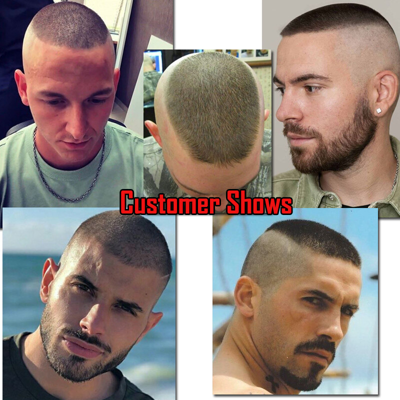 Mens Human Hair Toupee Ultra Thin Skin PU Hairpiece System Short Buzz Cut Topper