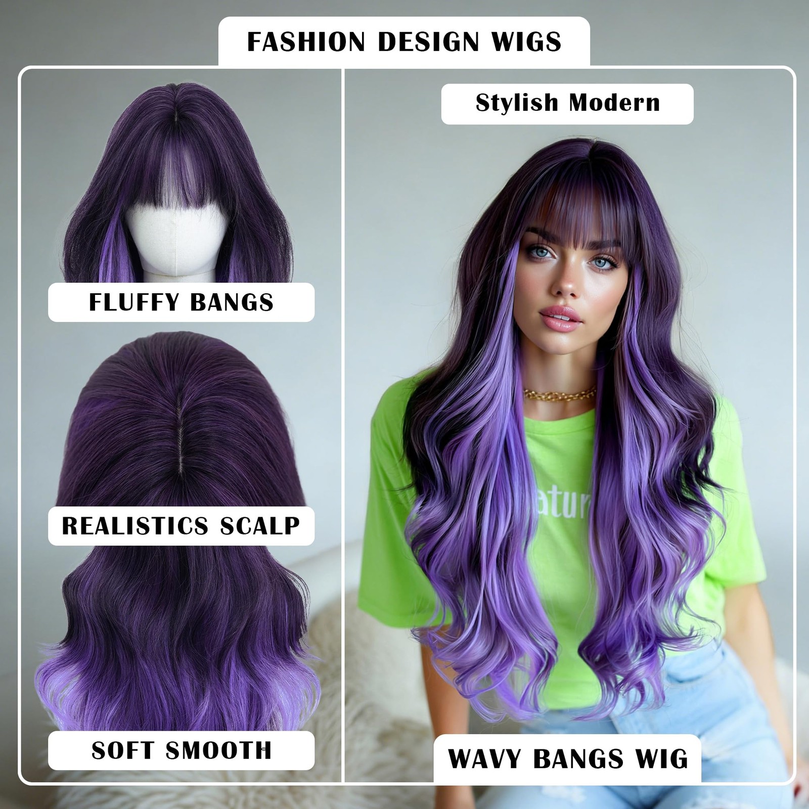 28 Inch Long Wavy Synthetic Wig with Bangs Dark Purple to Lavender Ombre Wig …