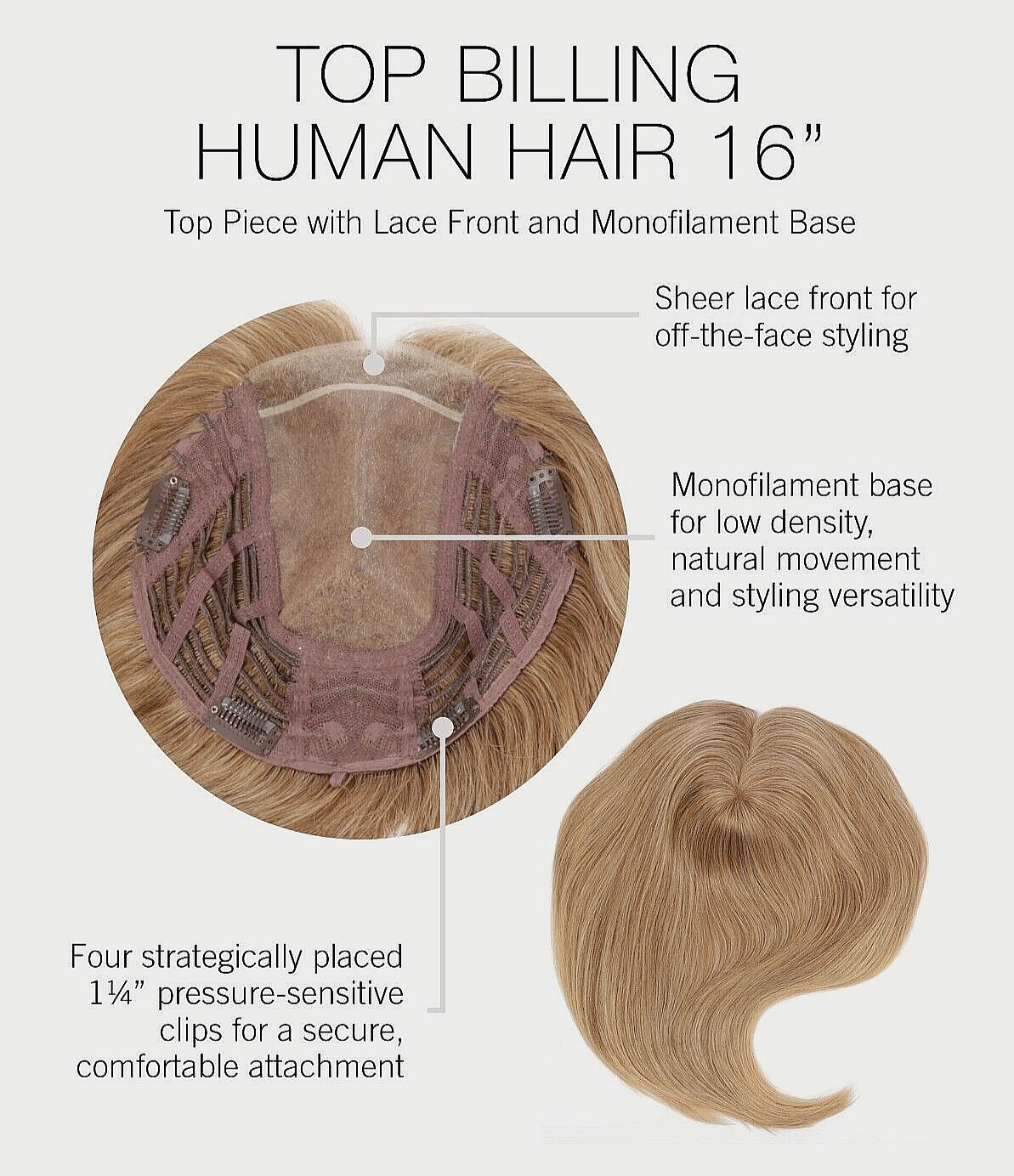 16″ TOP BILLING-Raquel Wig/Topper 19/23SSBiscuit-HUMAN HAIR-MONOTp-BASE 8.5″X10″
