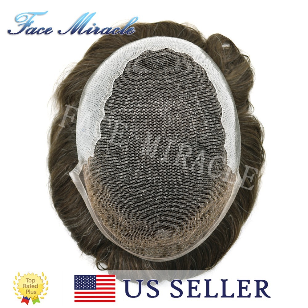 French Lace with PU Mens Toupee Human Hairpiece Natural Male Hair Prosthesis