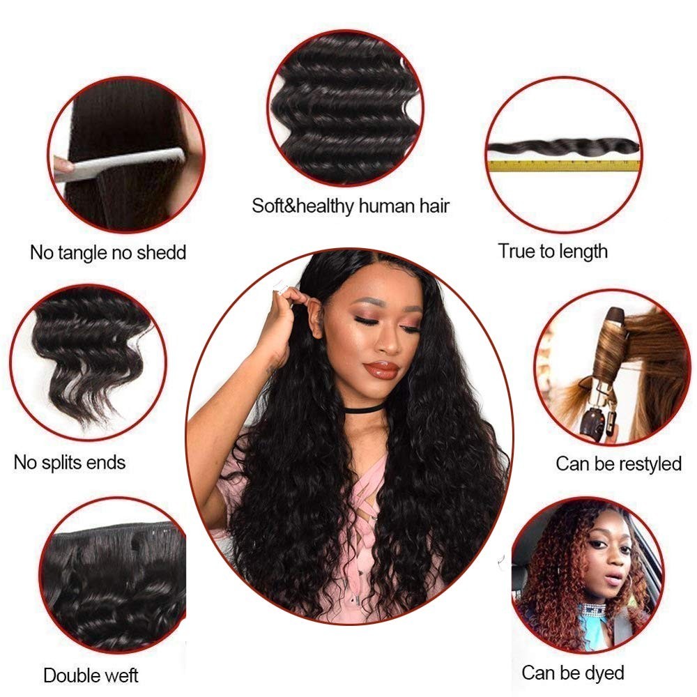 Water Wave Hair Bundles with Closure – 18 20 22 + 16, Wet & Wavy, Deep Curly, 10