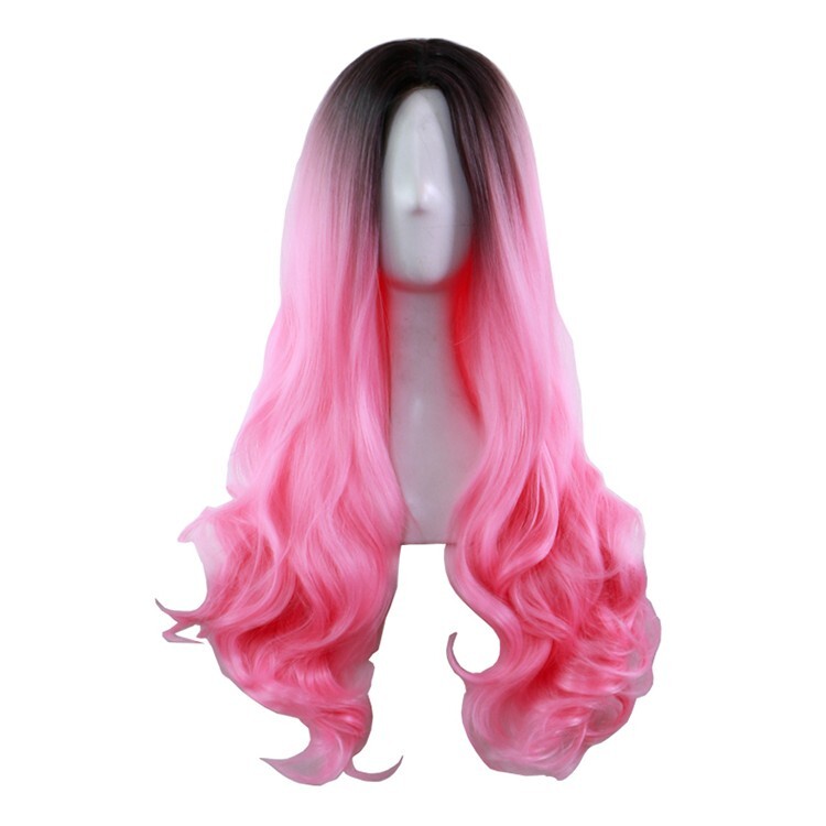 26″ Pink Natural Long Wavy Full Wigs Cosplay Party Synthetic Wig Heat Resistant