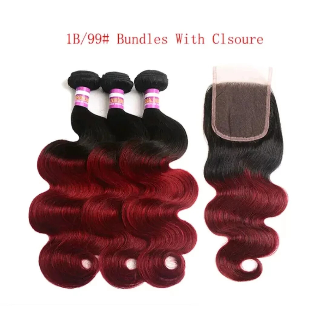 1b#/99j RED OMBRE BRAZILIAN VIRGIN HUMAN HAIR BODY WAVE 20+20+20&16 CLOSURE 350g
