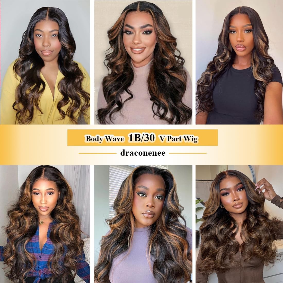 draconenee V Part Wig Human Hair Body Wave 1B/30 Highlight Ombre Wigs for Black