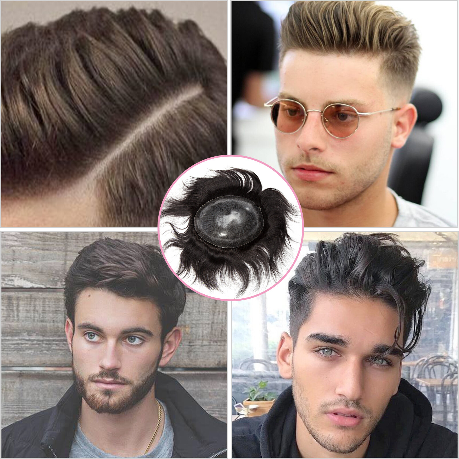 Invisible FULL PU Mens Toupee 100% Human Hair Replacement System Hairpieces Poly