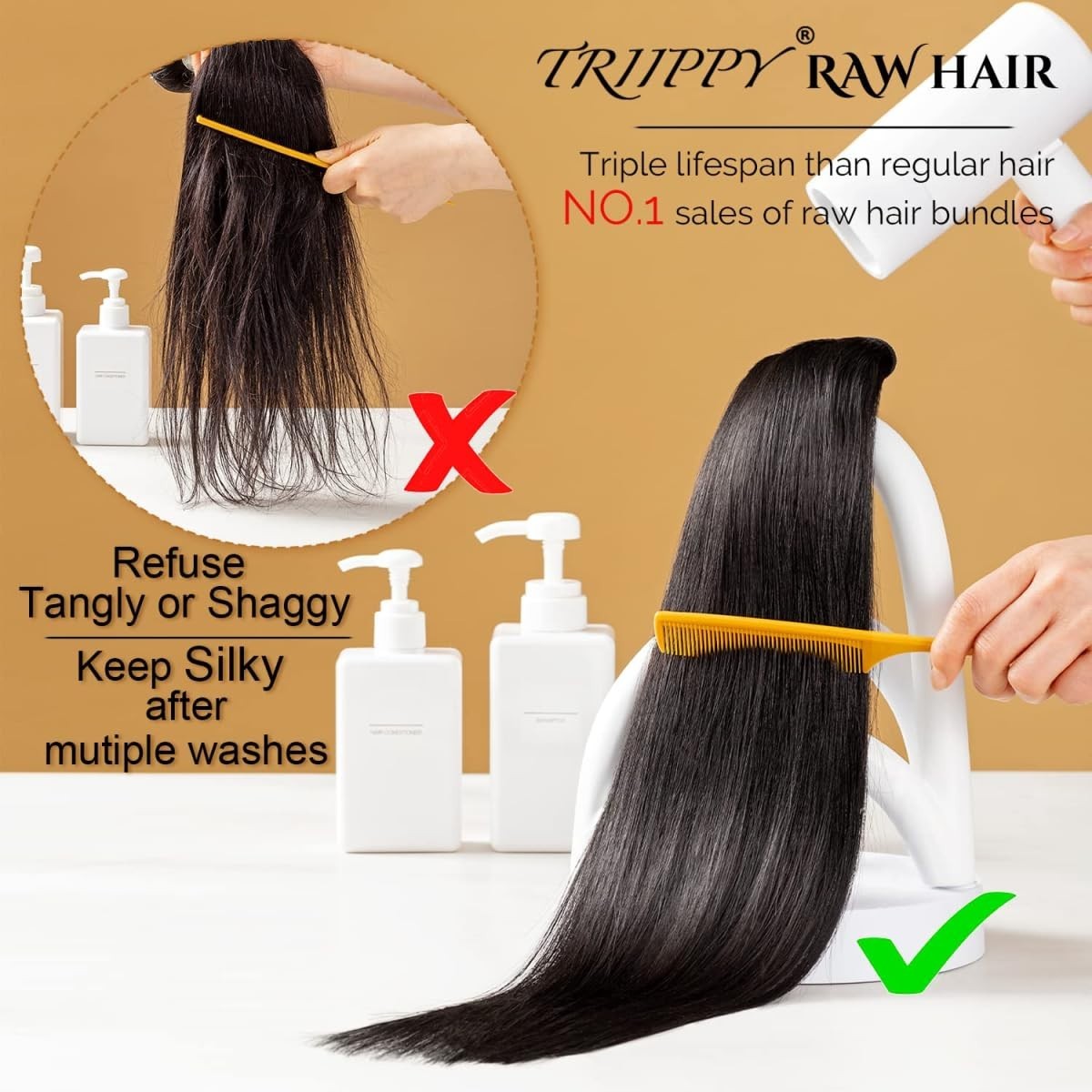 TRIIPPY Raw Human Hair Single Bundle Triple Lifespan 16 Inch 100% Raw Cambodian