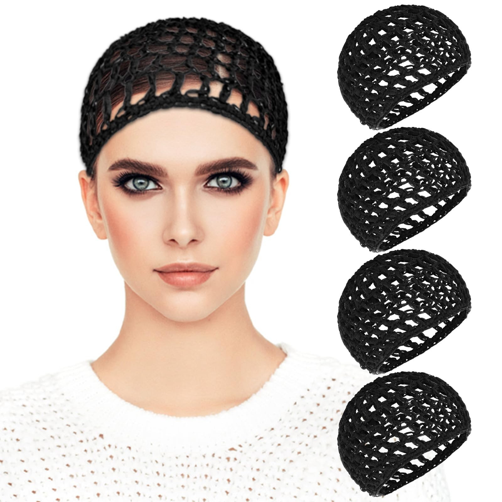 4 Pack Crochet Hair Nets, Knit Snood Bonnets, Hairnet Hair Cover, Crocheted S…