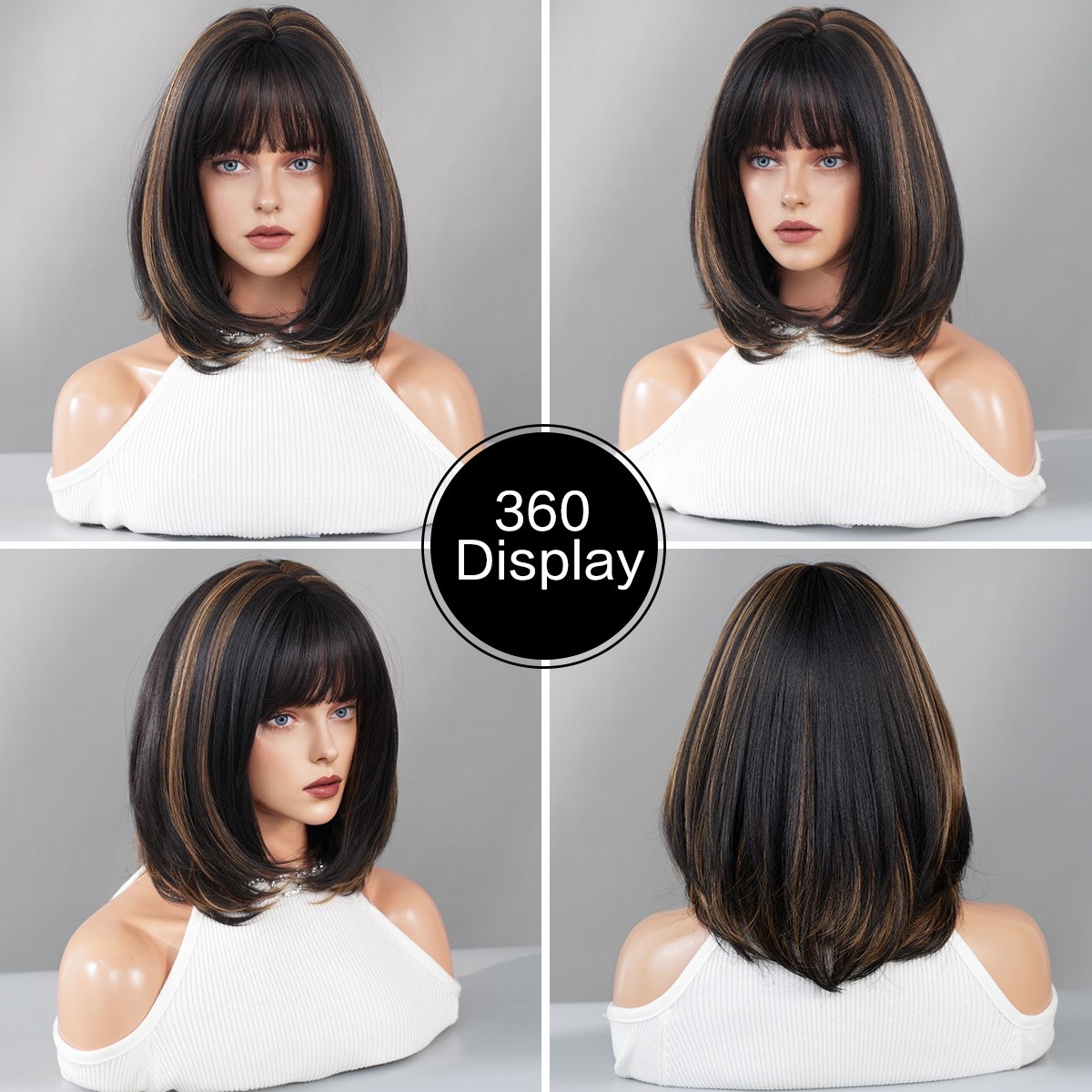 Bob Wig Shoulder Length Black Blonde Highlight Layered Full Head Straight Hair