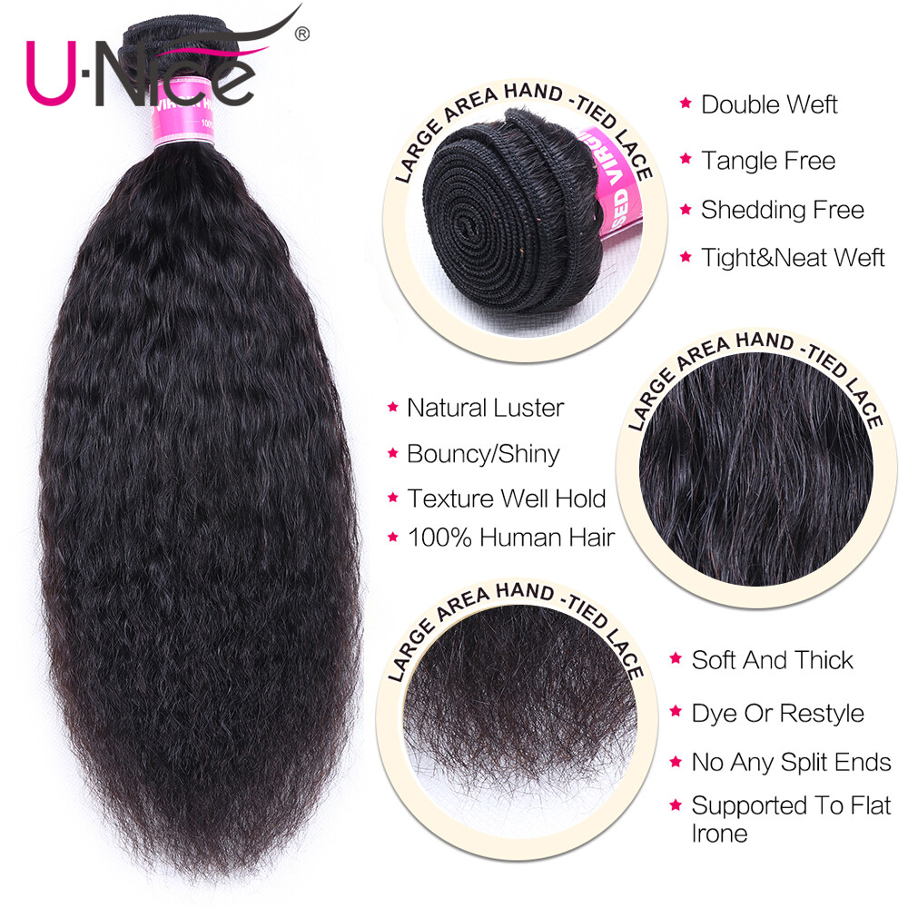 UNice Hair Yaki Kinky Straight hair Brazilian Virgin Human Hair Weave Extensions