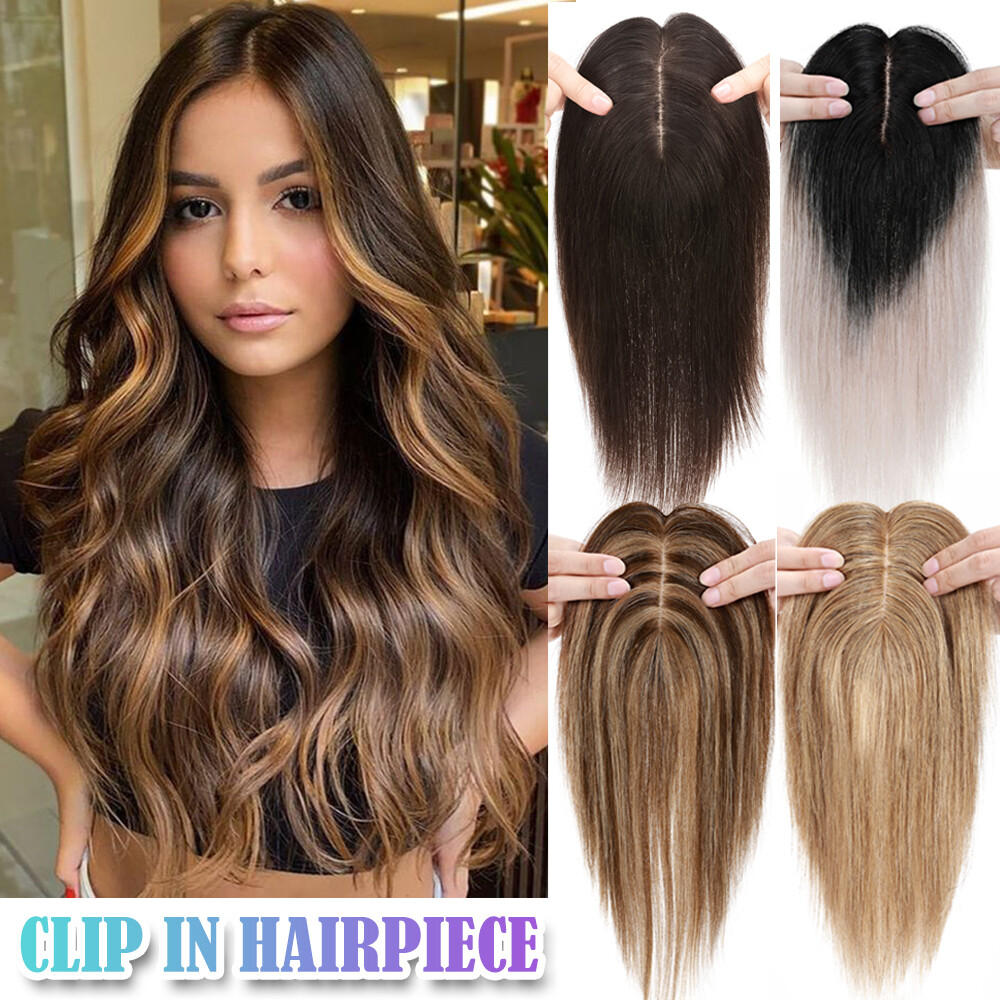 150% Density Clip In Topper Hair Piece Remy Human Hair Toupee Hairpiece Bangs US