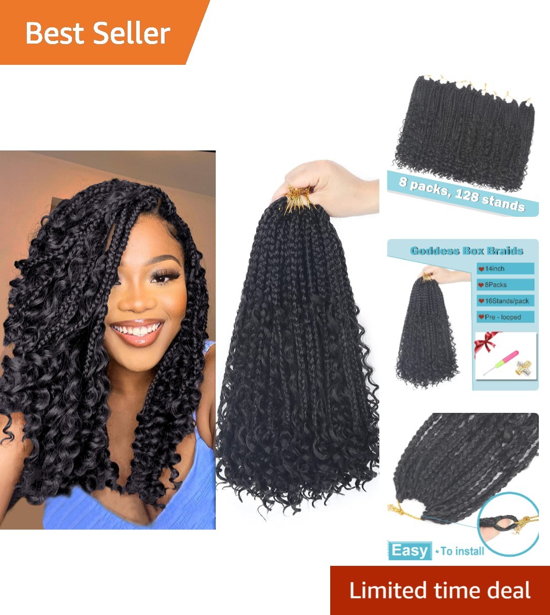 Goddess Box Braids Crochet Hair – 14 Inch Curly Ends, 8 Packs for Easy Styling