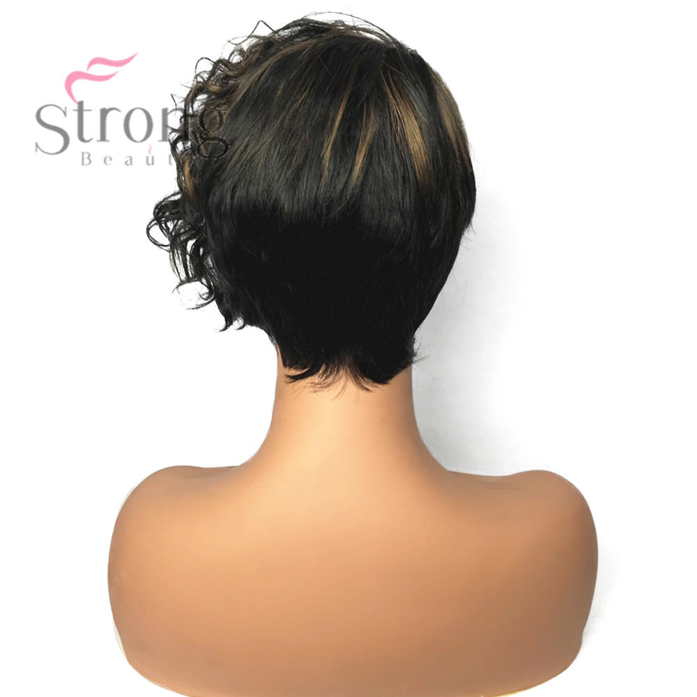 Synthetic Capless Brown Pixie Cut Hair Asymmetrical Side Bang Short Curly Wig