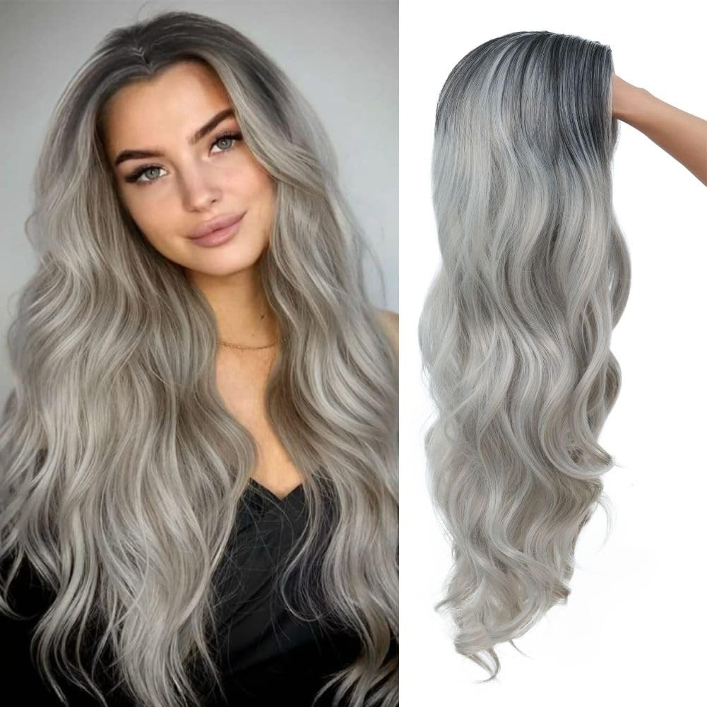 Long Grey Curly Wig for Women Ombre Gray Wavy Synthetic Wig for Daily Party H…