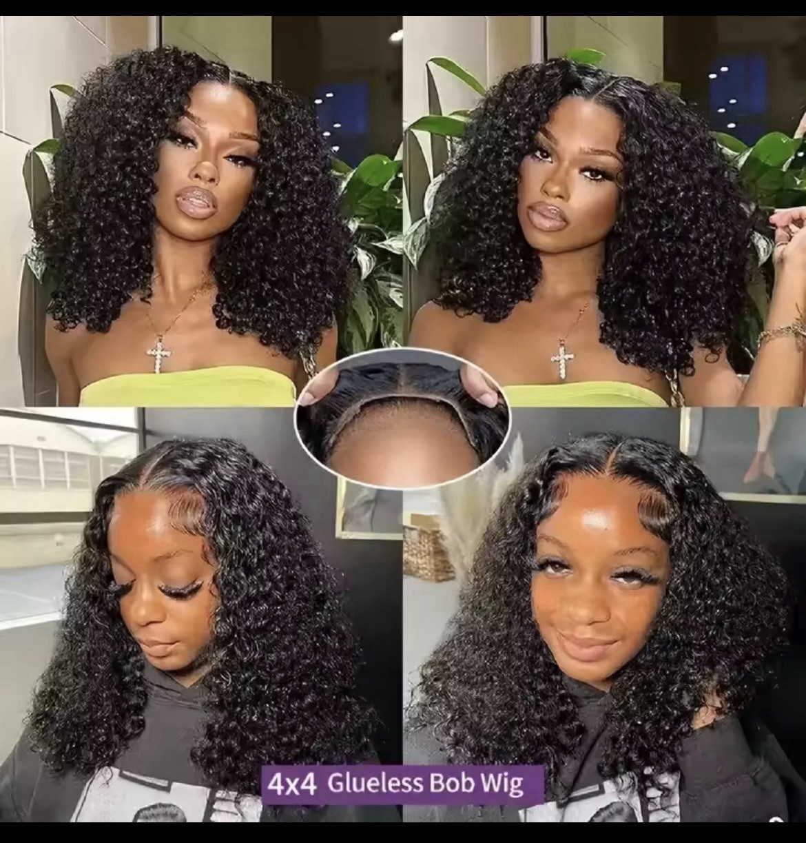 4×4 Glueless Human Hair Curly Bob Wig Black Lace Closure Free-Part Pre-Cut