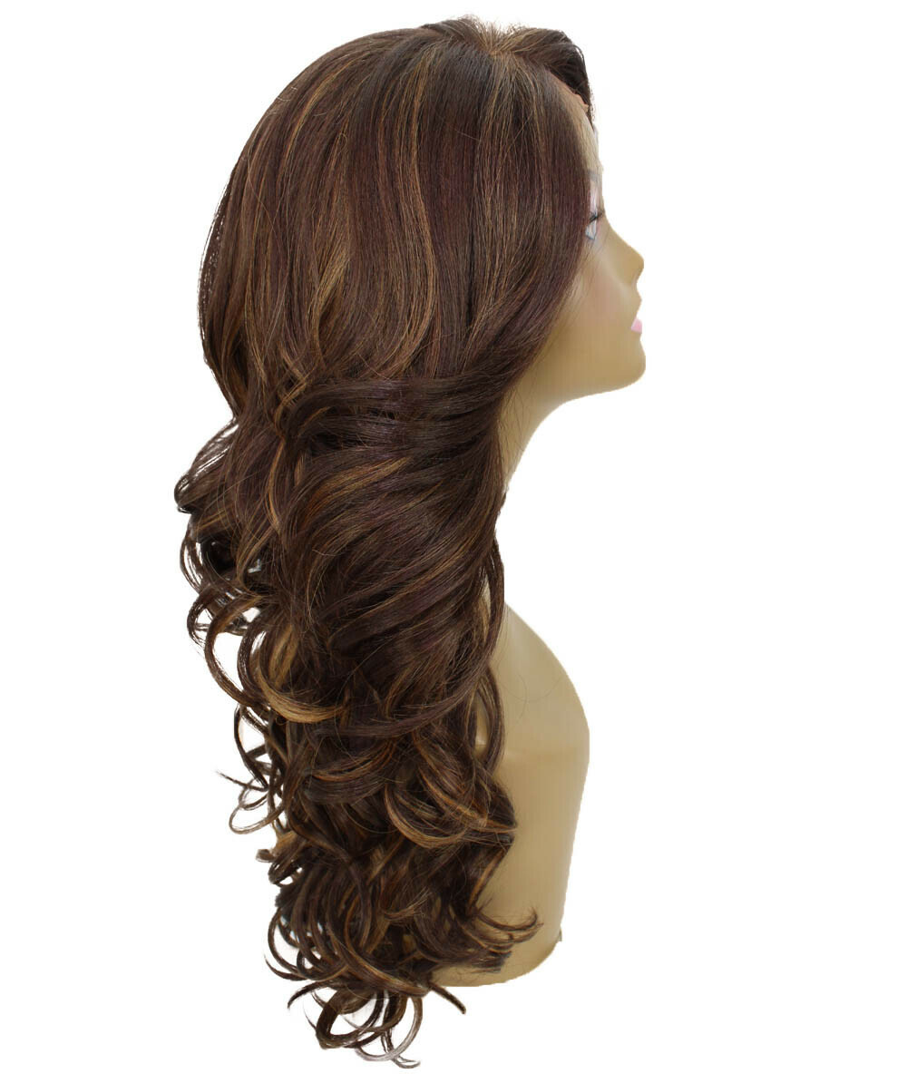 Wavy 24.5 in 13×2.5 Hand Tied Lace Front Wig, Brown with Golden Highlights