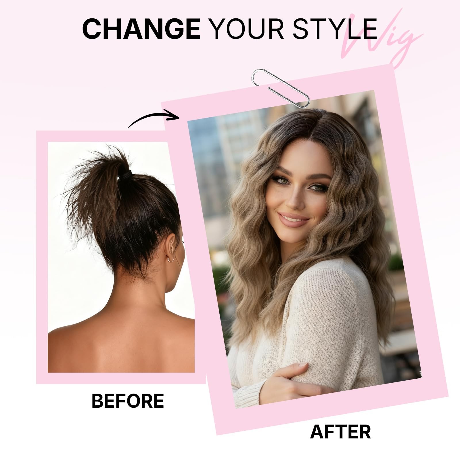 Ombre Ash Blonde Wig for Women – 16 Inch Medium Length Wavy, Heat Resistant S…