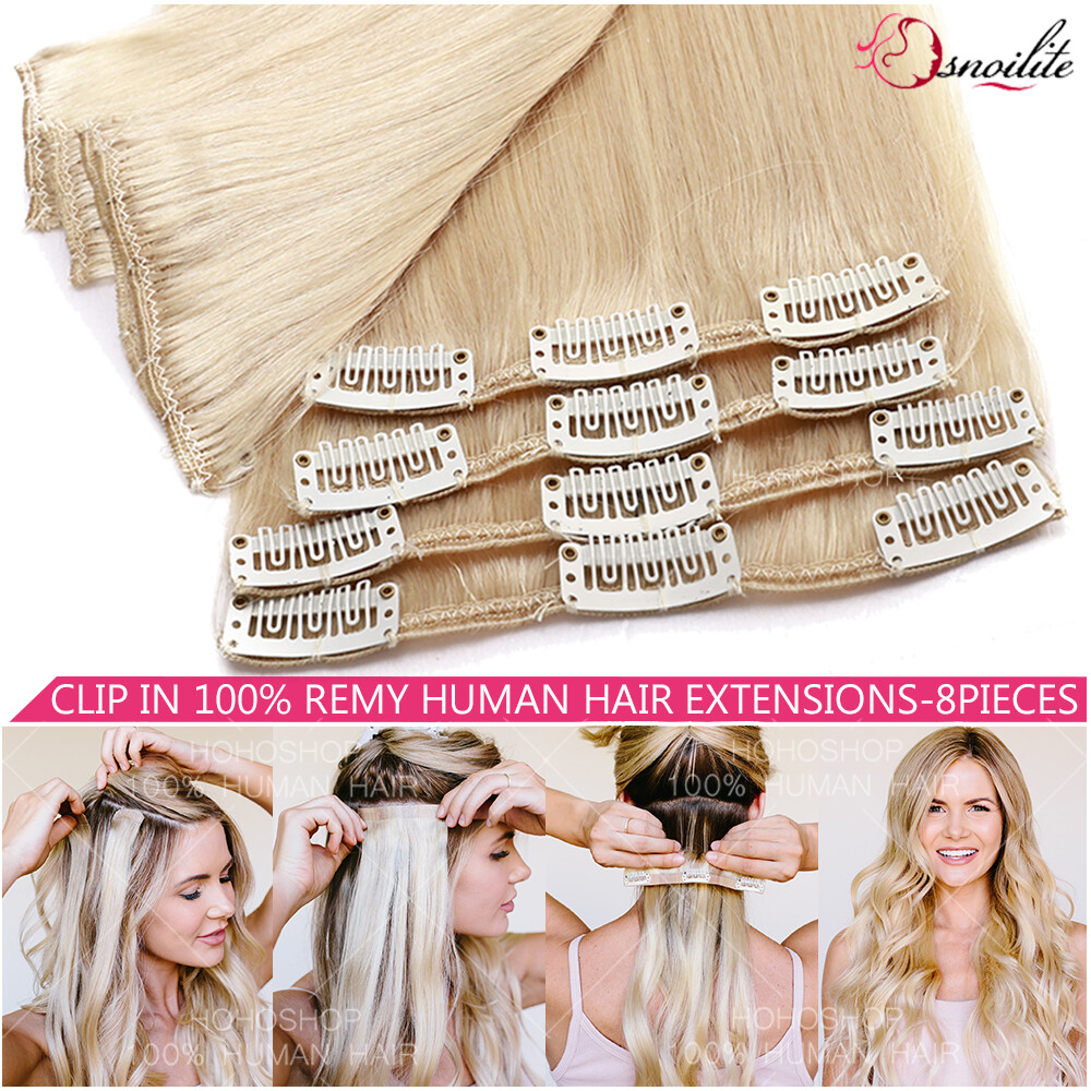 THICK 8PCS Clip In 100% Remy Human Hair Extensions Ombre Full Head Blonde White