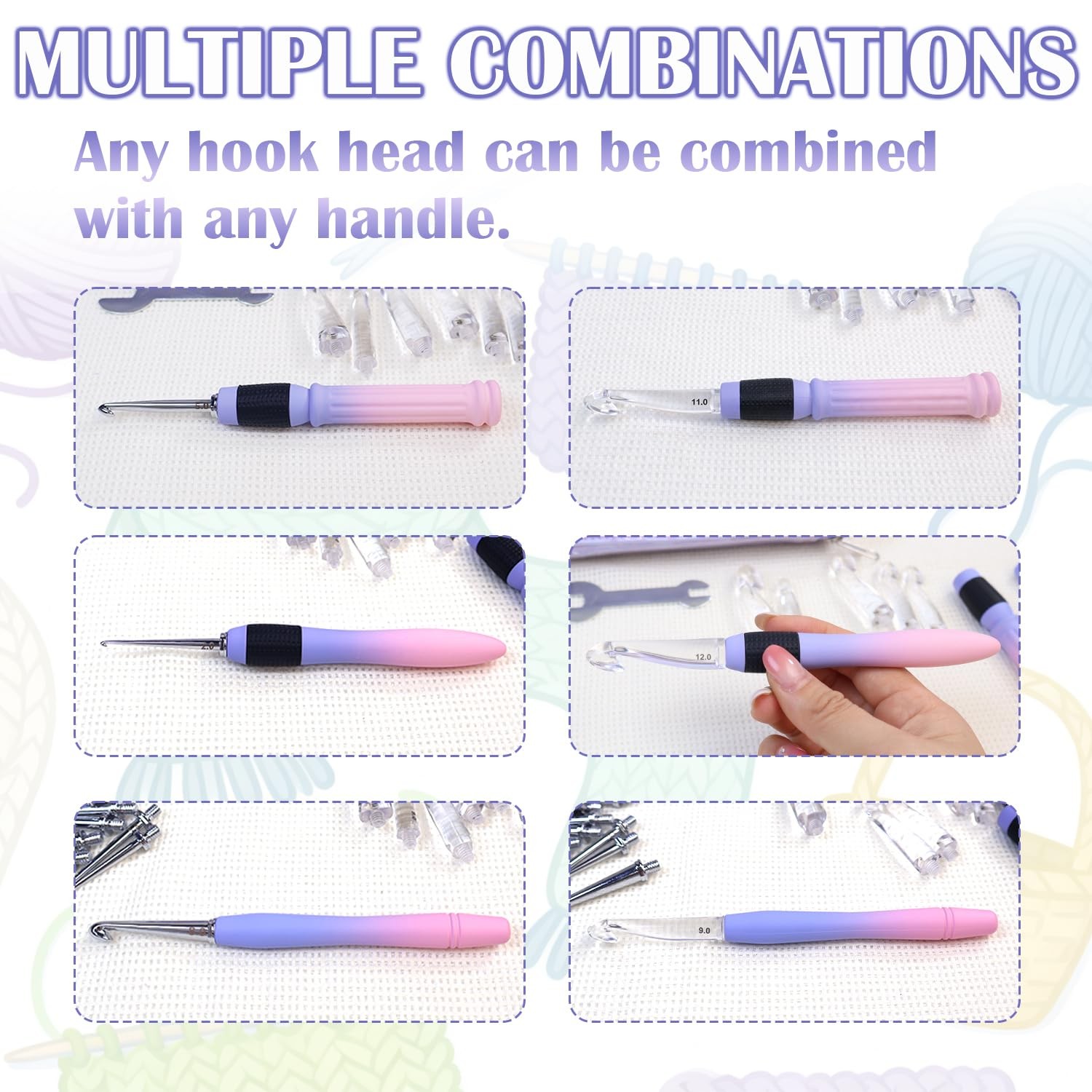 Lewhoo 18 Size Interchangeable Crochet Hooks 2.0-14.0mm, Blue-purple gradient