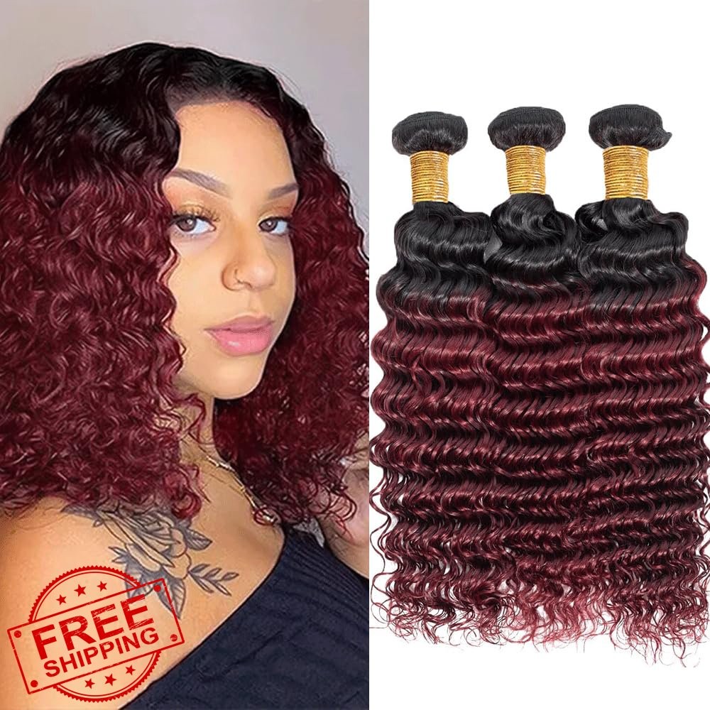 1B99J Burgundy Deep Wave Human Hair Bundles 10-14 Inch Black Red