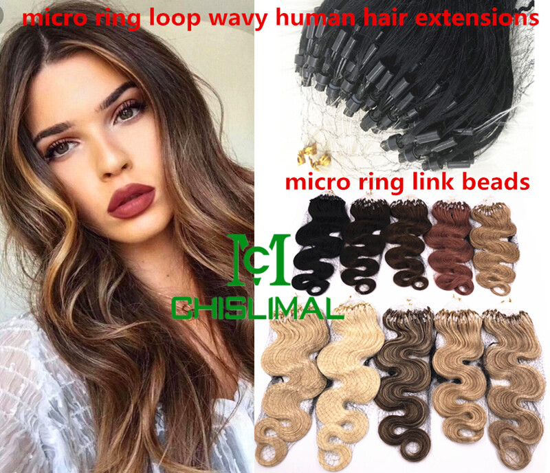 16-26Inch Body Wavy Ombre Loop Micro Rings Beads Soft Remy Human Hair Extensions