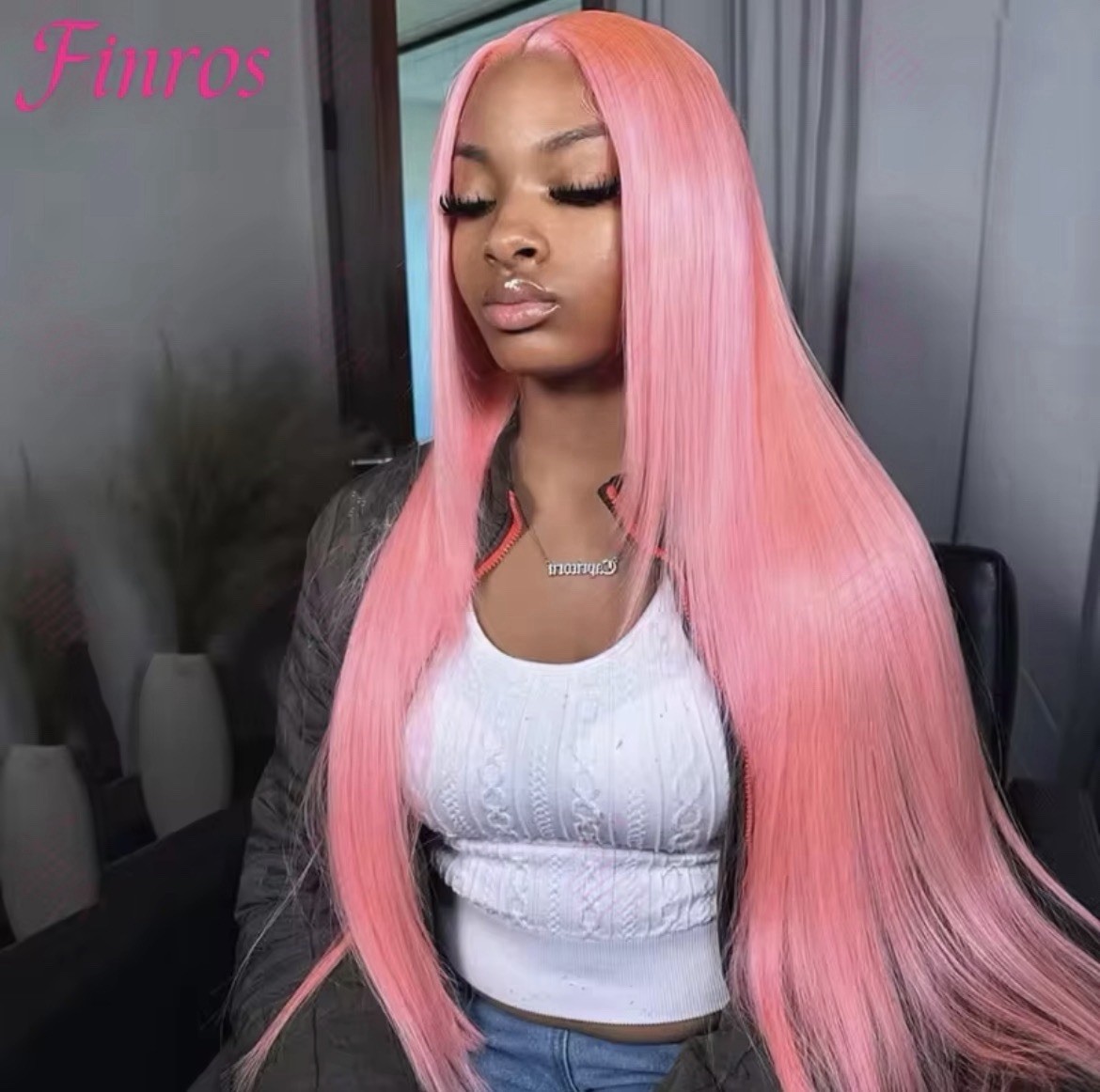 Finros HD Lace Front Human Hair Wig Straight Pink Free-Part Pre Plucked 31-40in