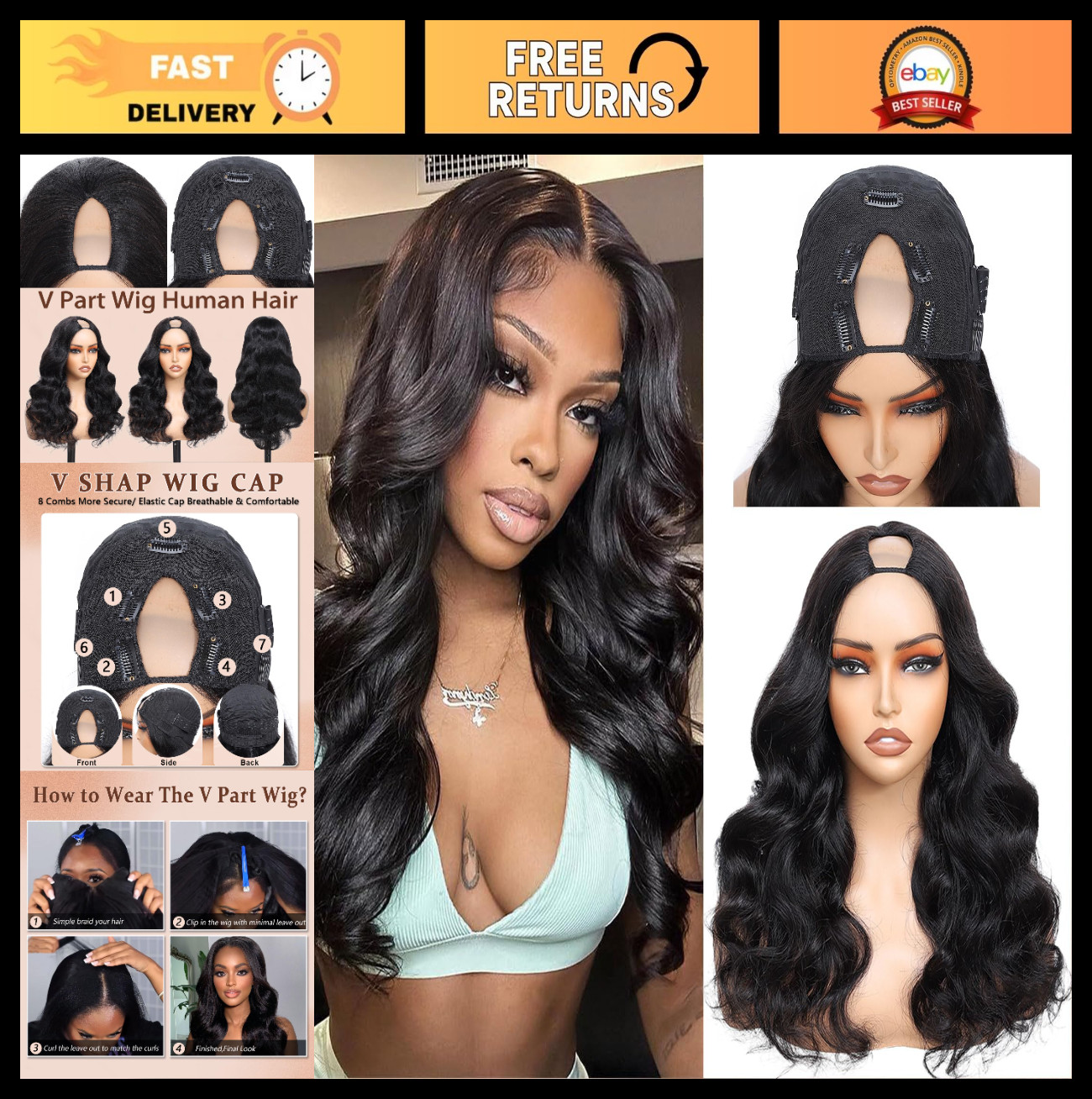 22 Inch Body Wave V Part Human Hair Wig – 200% Density, Adjustable Drawstring, N