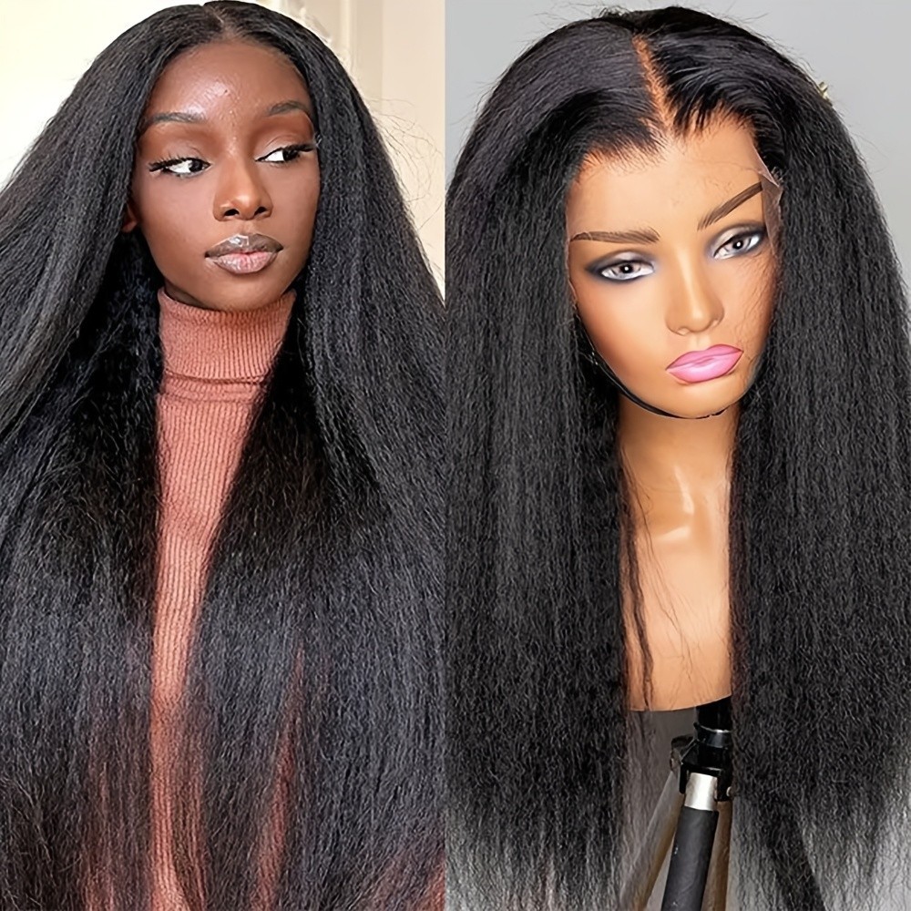 Kinky Straight Black Hair Frontal Lace Replacement Wigs Glueless Pre Plucked Wig