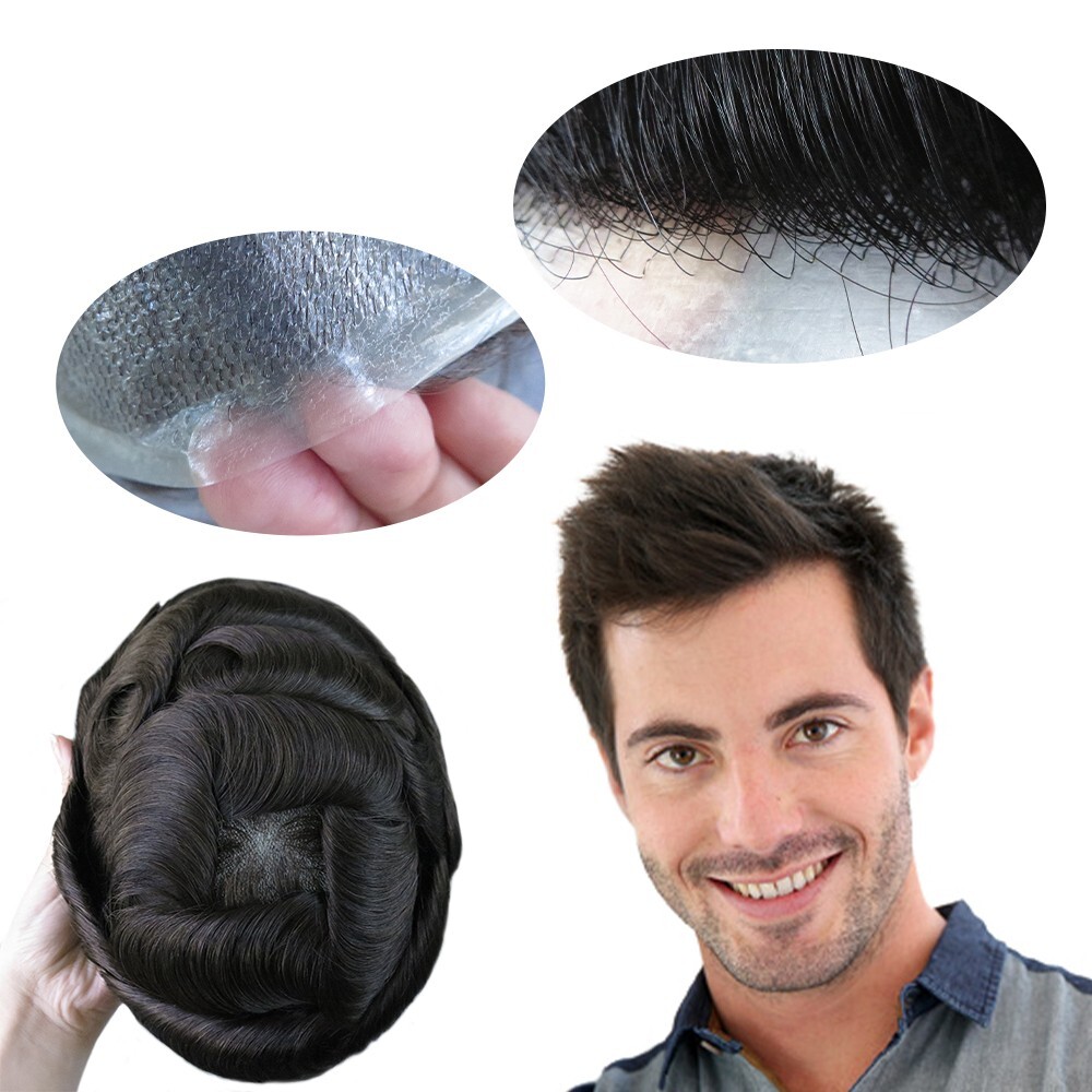 Mens Toupee Human Hair Replacement System Thin Skin Dark Brown Hairpieces #2